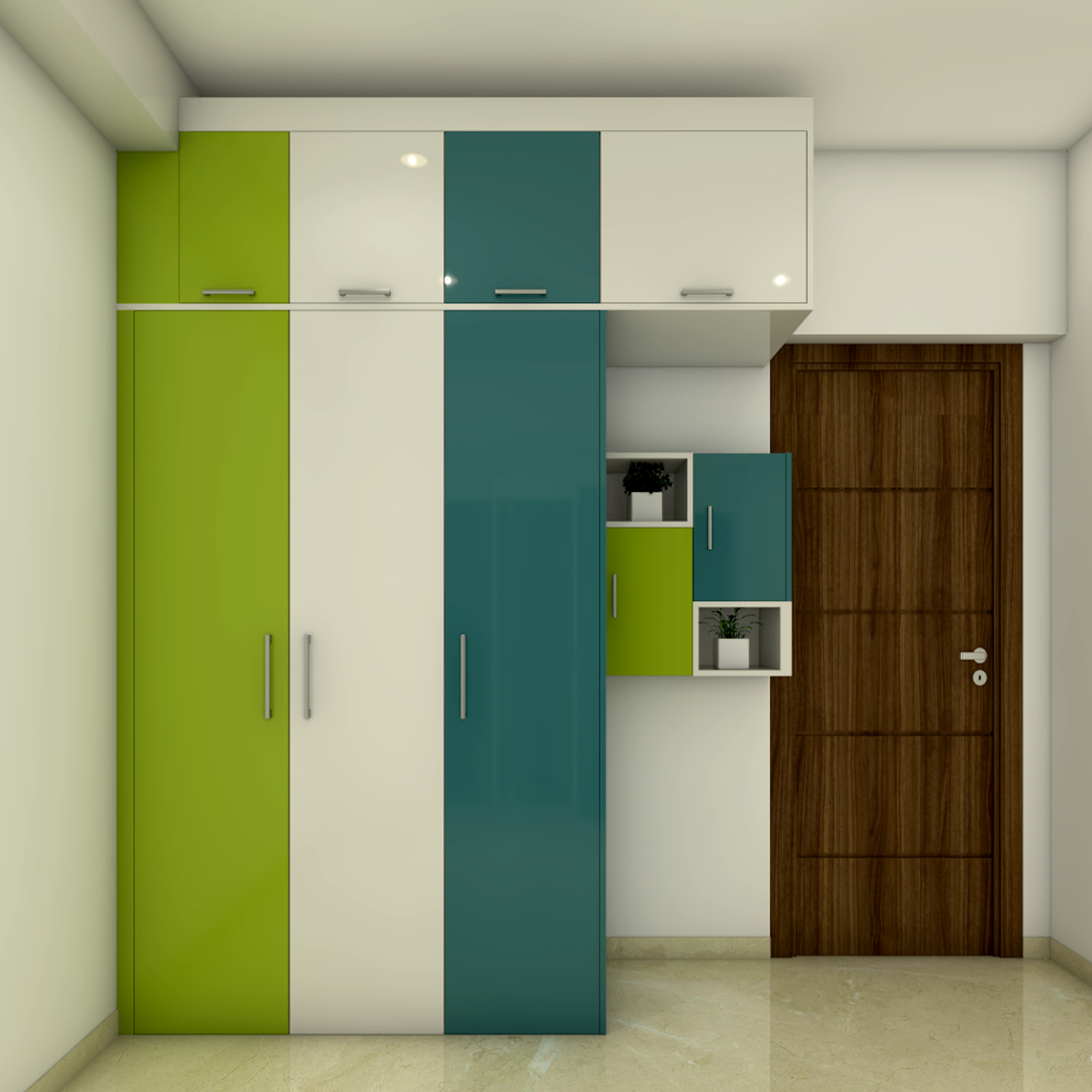 Green and White Compact Hinged Contemporary Wardrobe Design with Loft Storage