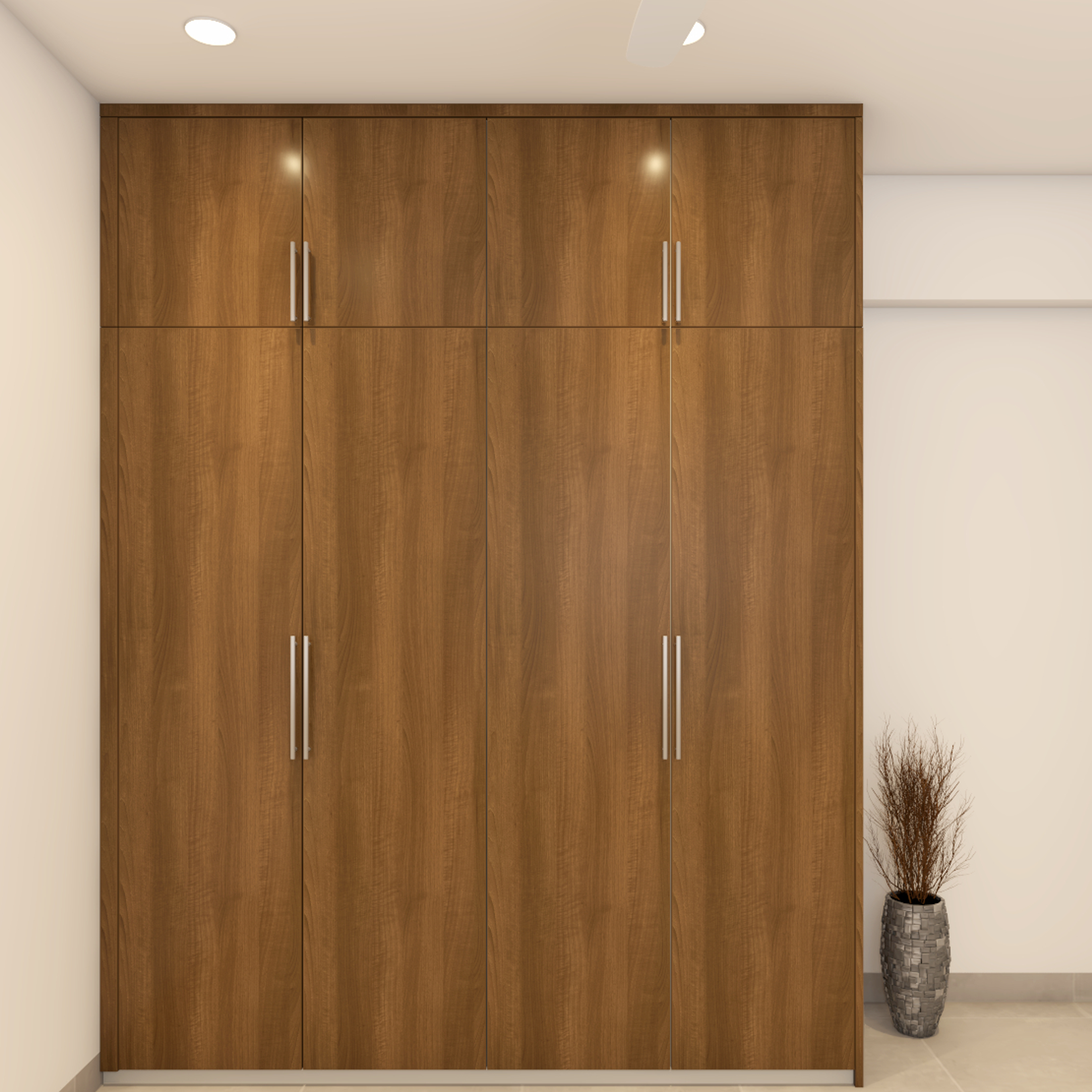 Wooden Laminated Straight Hinged Modern Wardrobe Design with Loft Storage