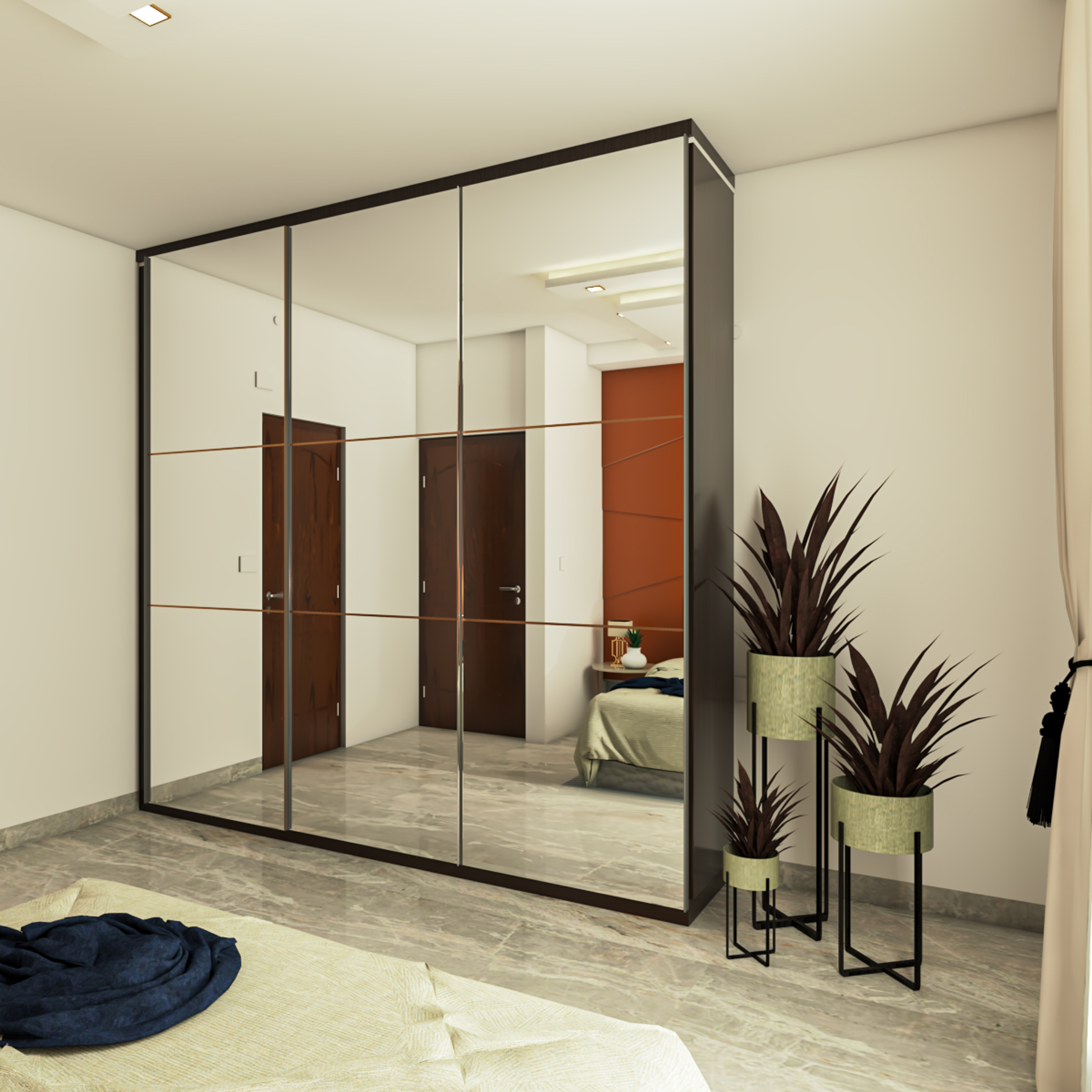 Floor to Ceiling Mirrored Sliding Door Modern Wardrobe Design
