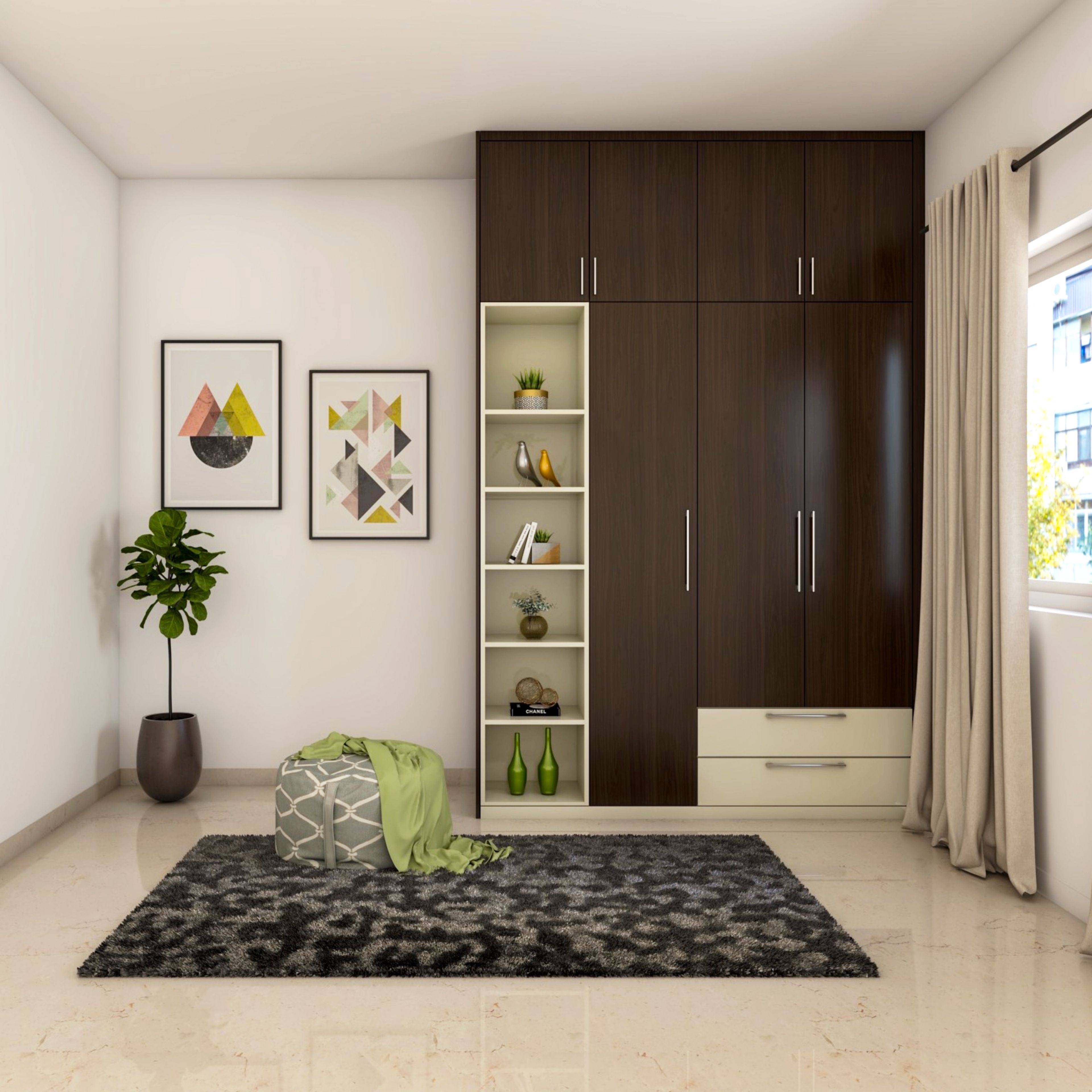 Brown and Cream Hinged Modern Wardrobe Design with Loft and Drawers