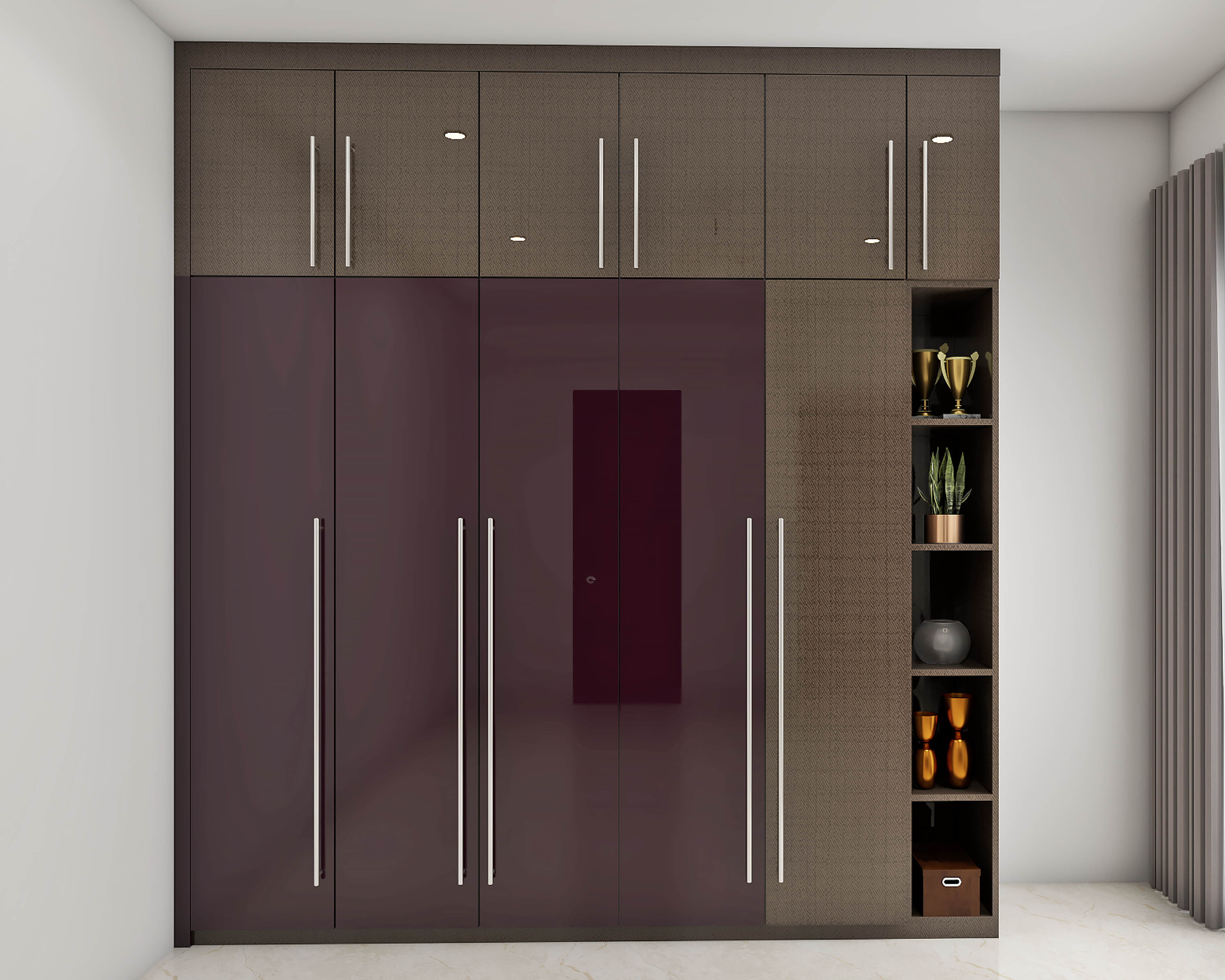Grey Straight Hinged Modern Wardrobe Design with Loft Storage
