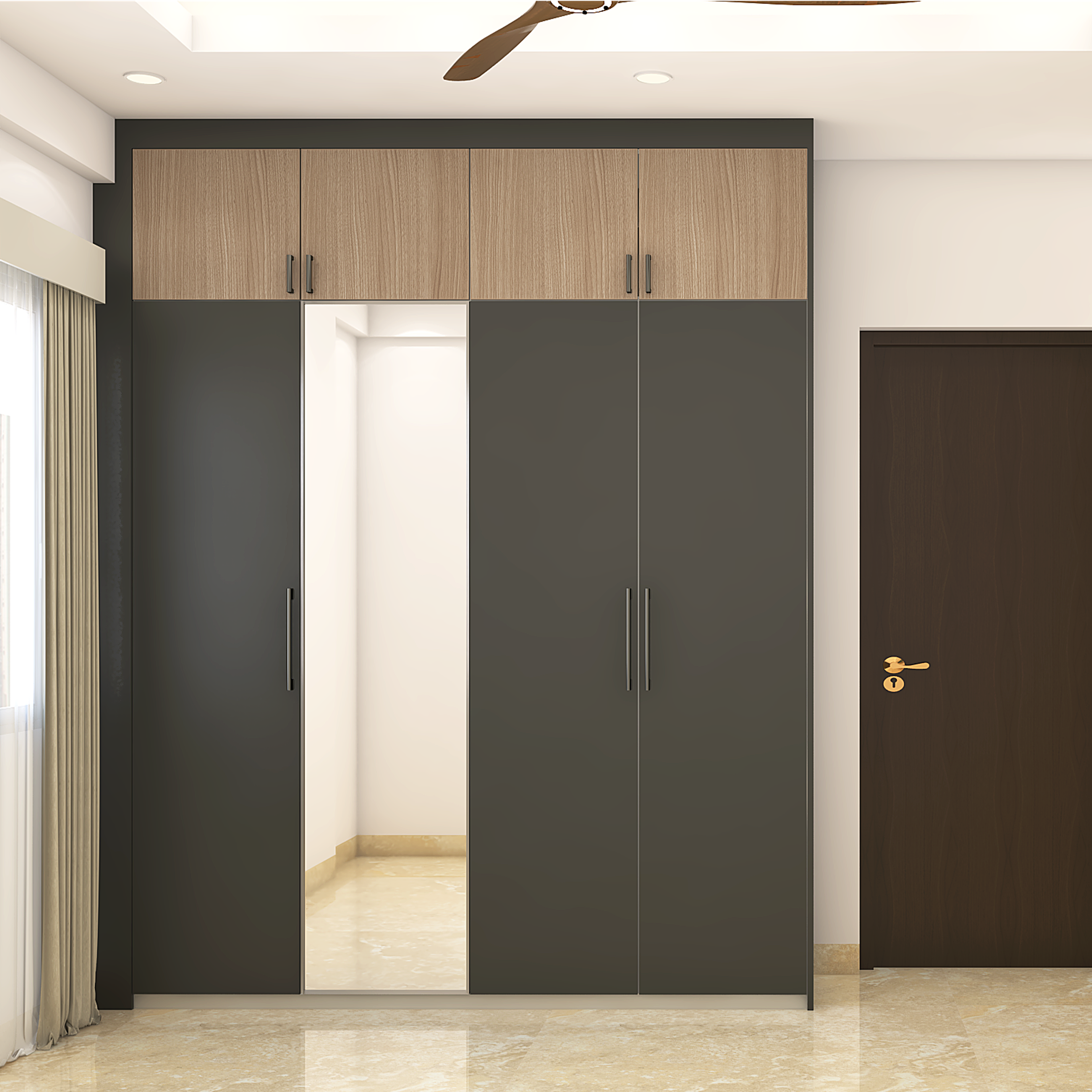 Wooden Laminate Straight Hinged Modern Wardrobe Design with Loft Storage