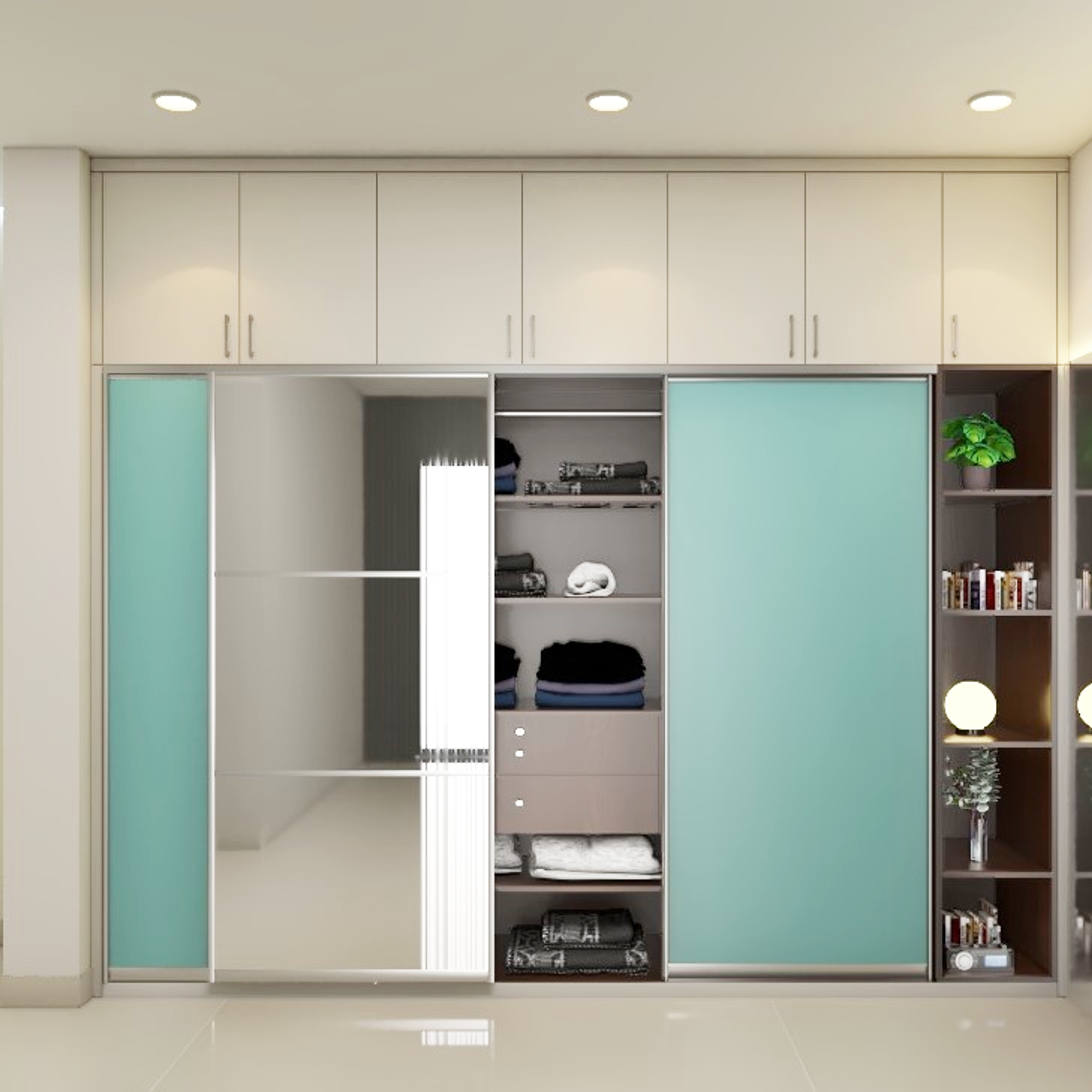 Mint Green and White Sliding Modern Wardrobe Design with Loft Storage
