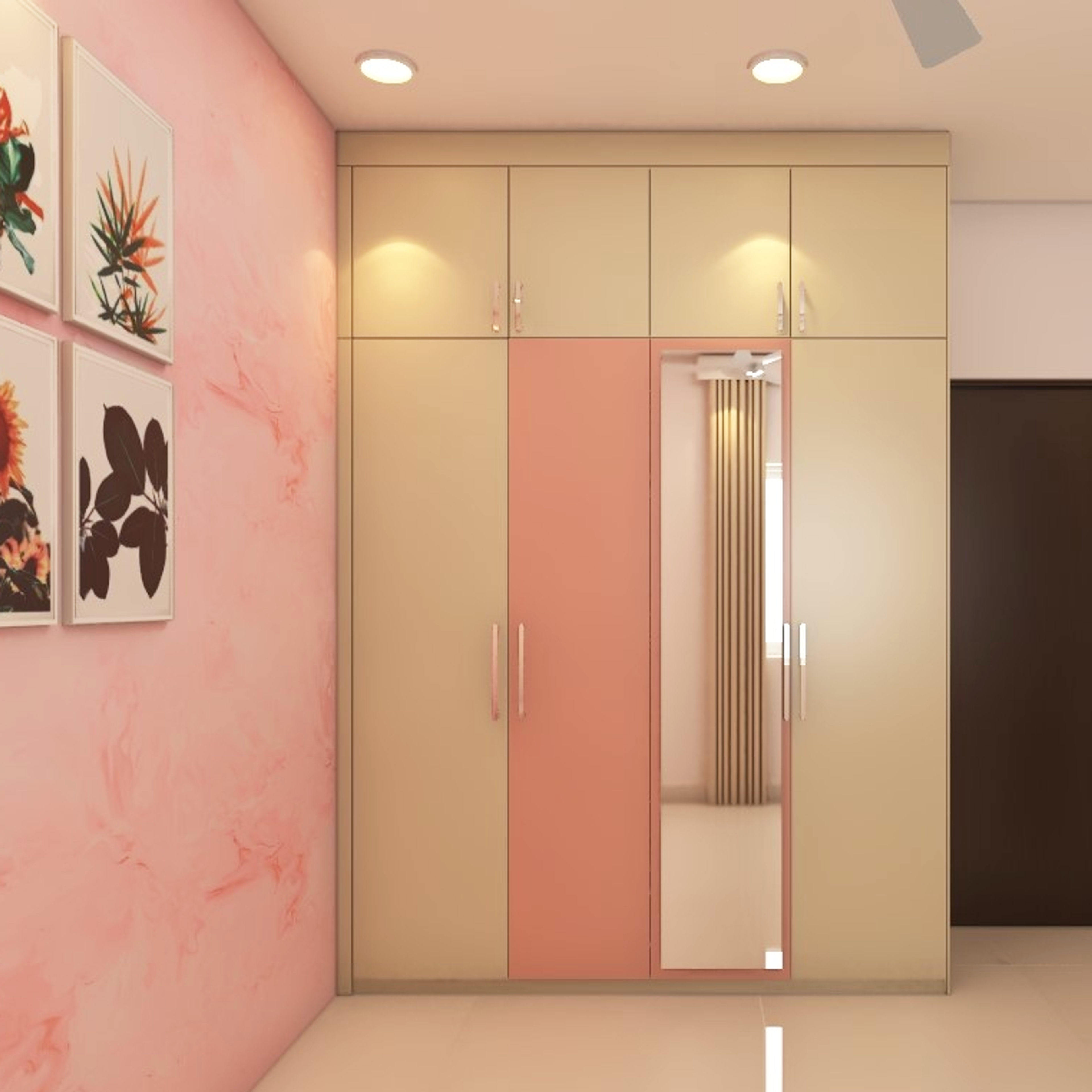 Dual Tone Hinged Modern Wardrobe Design with Loft and Mirror