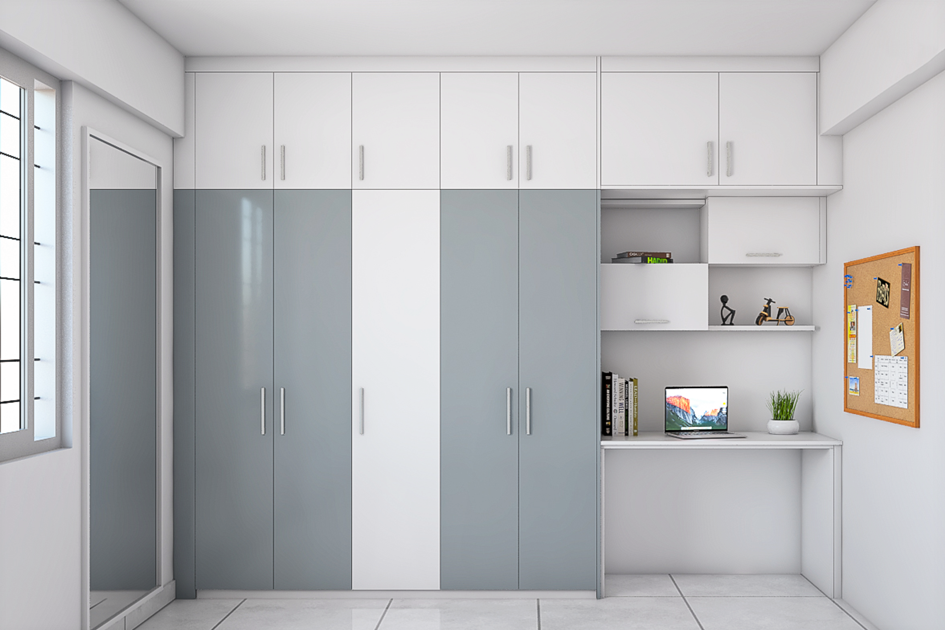 Grey and White Hinged Modern Wardrobe Design with Loft and Study