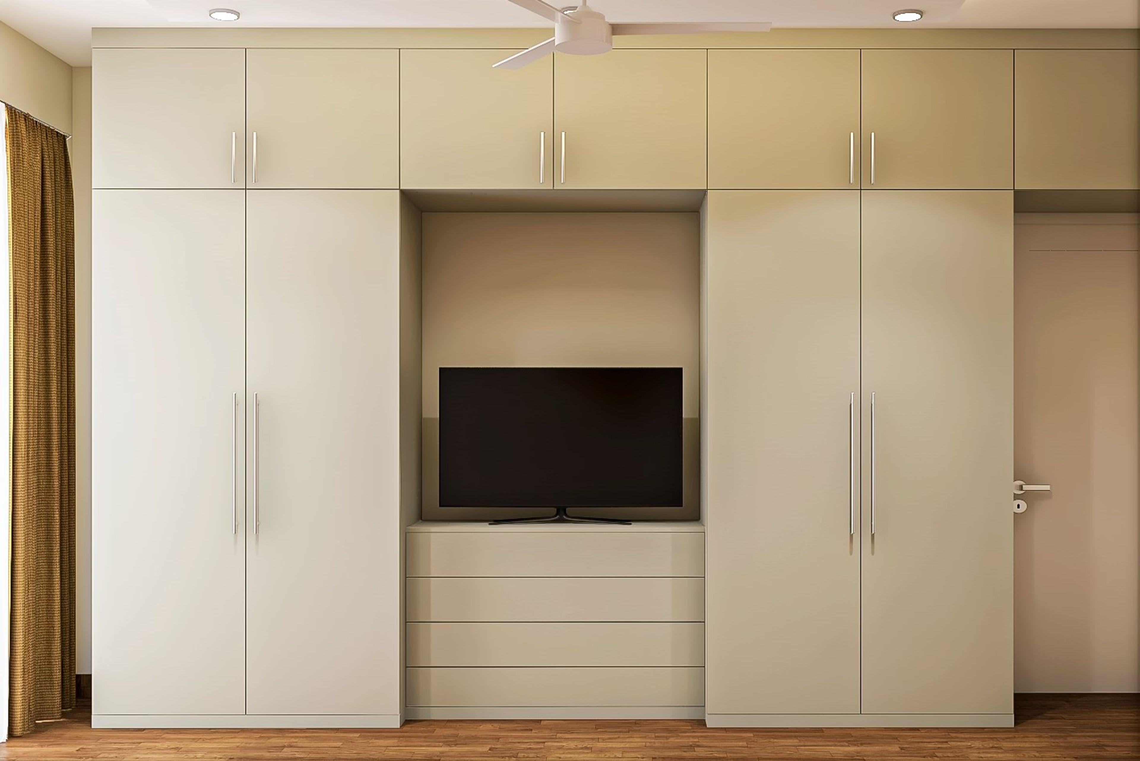 Hinged Modern Wardrobe Design with Drawers and Media Section