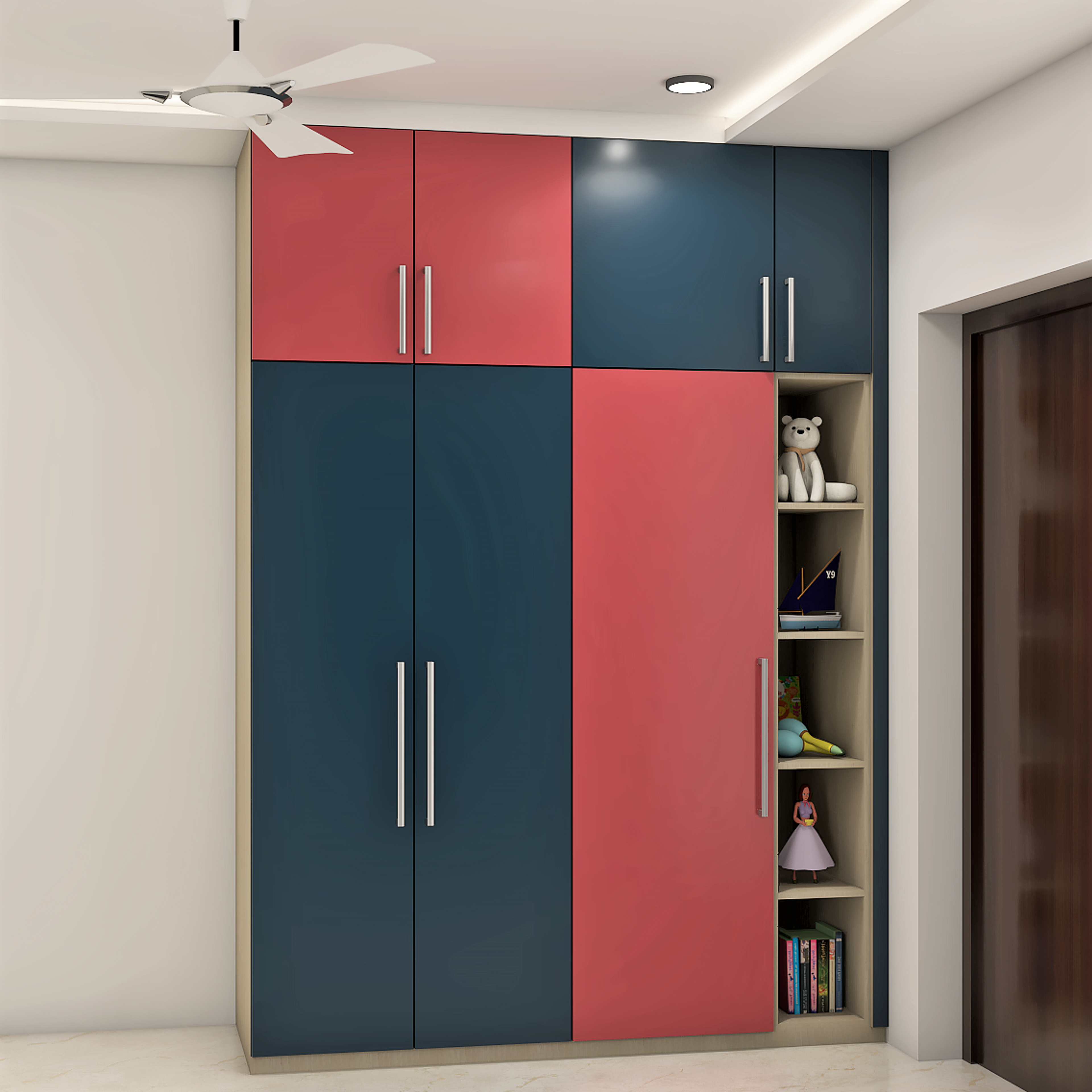 Modern Dual Toned Wardrobe With Open Hinges And Open Shelf For Decor - Livspace