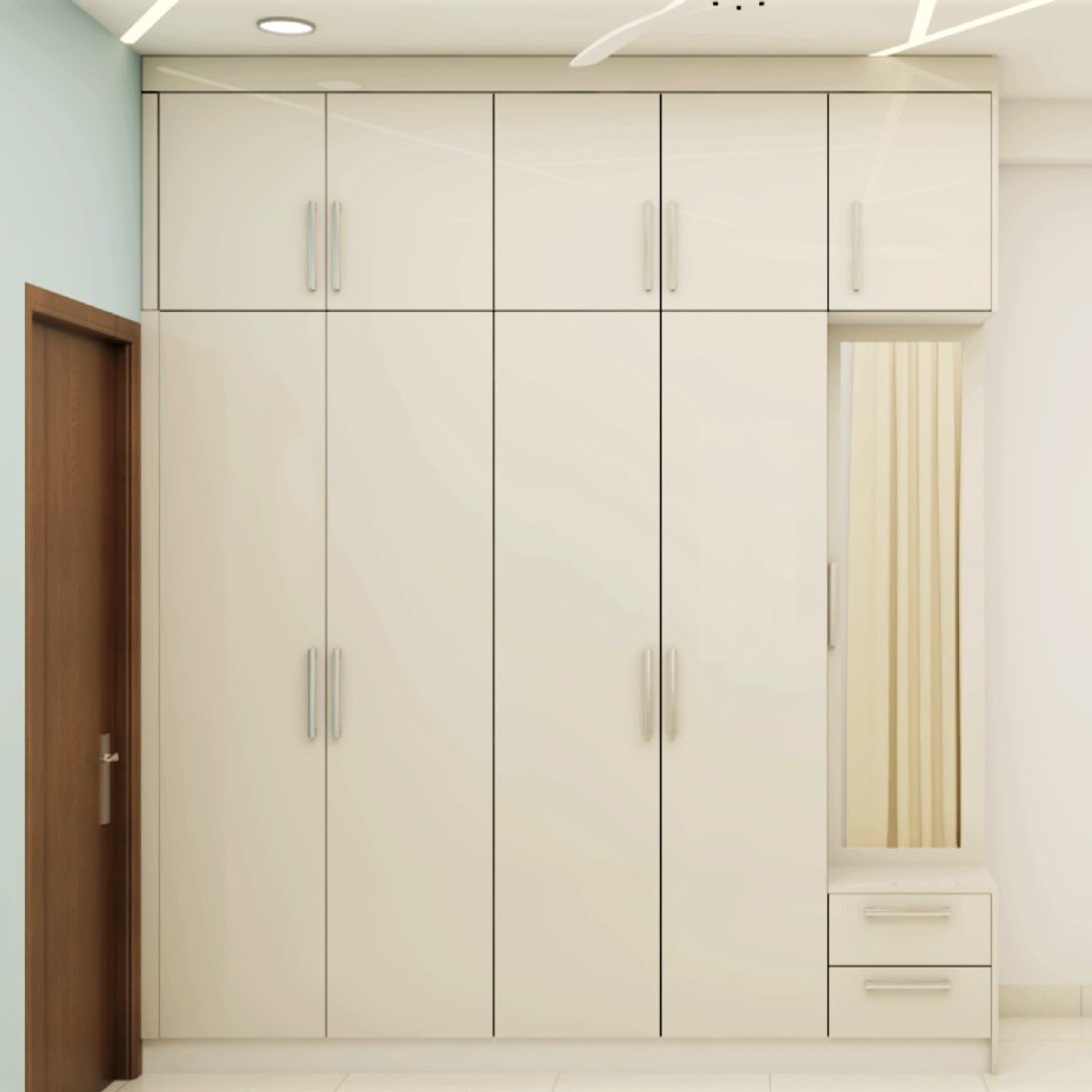 Convenient Modular Wardrobe Design With Off White Laminate And Dressing Mirror - Livspace