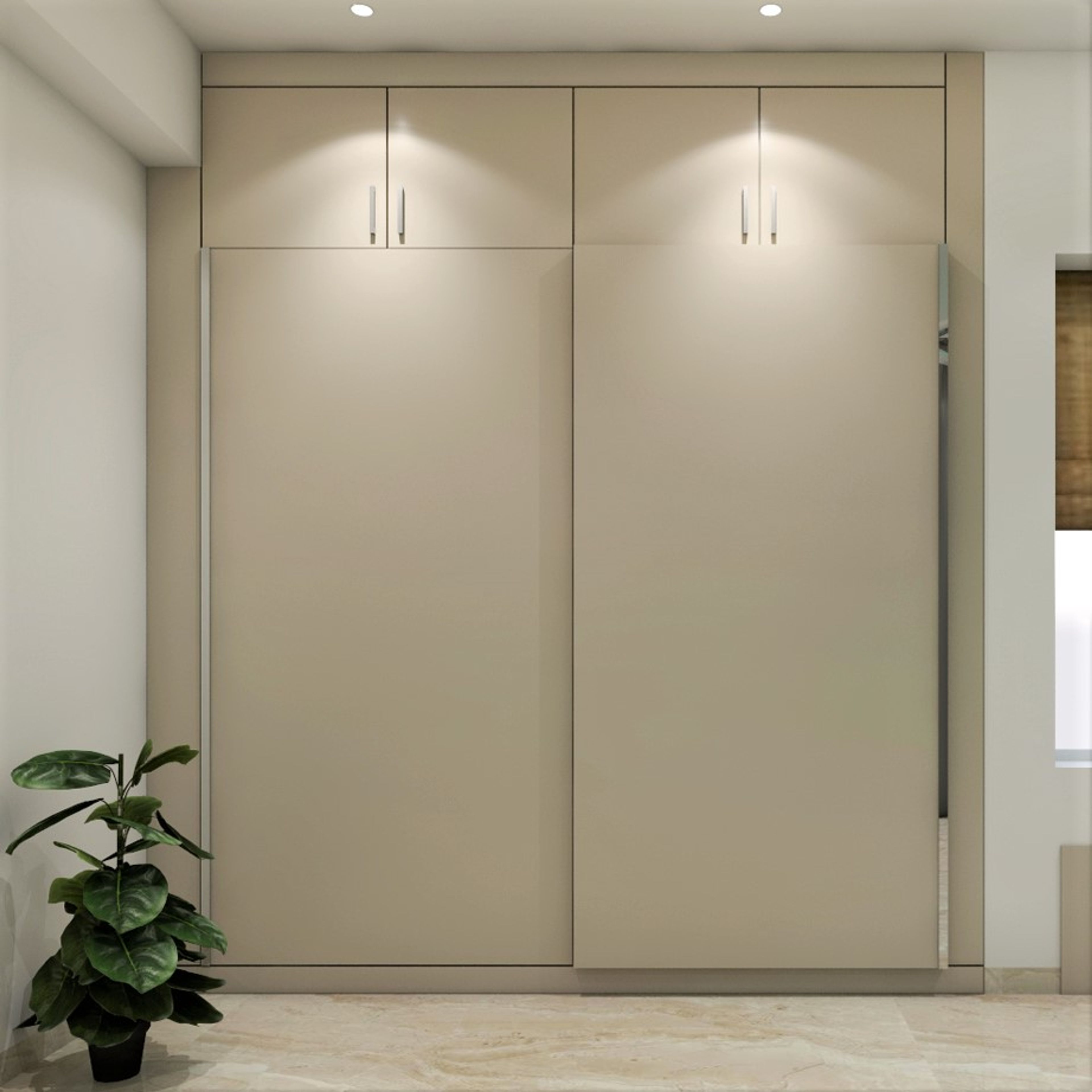 Low Maintenance Modern Wardrobe Design With Creamy White Laminates And Sliding Doors - Livspace