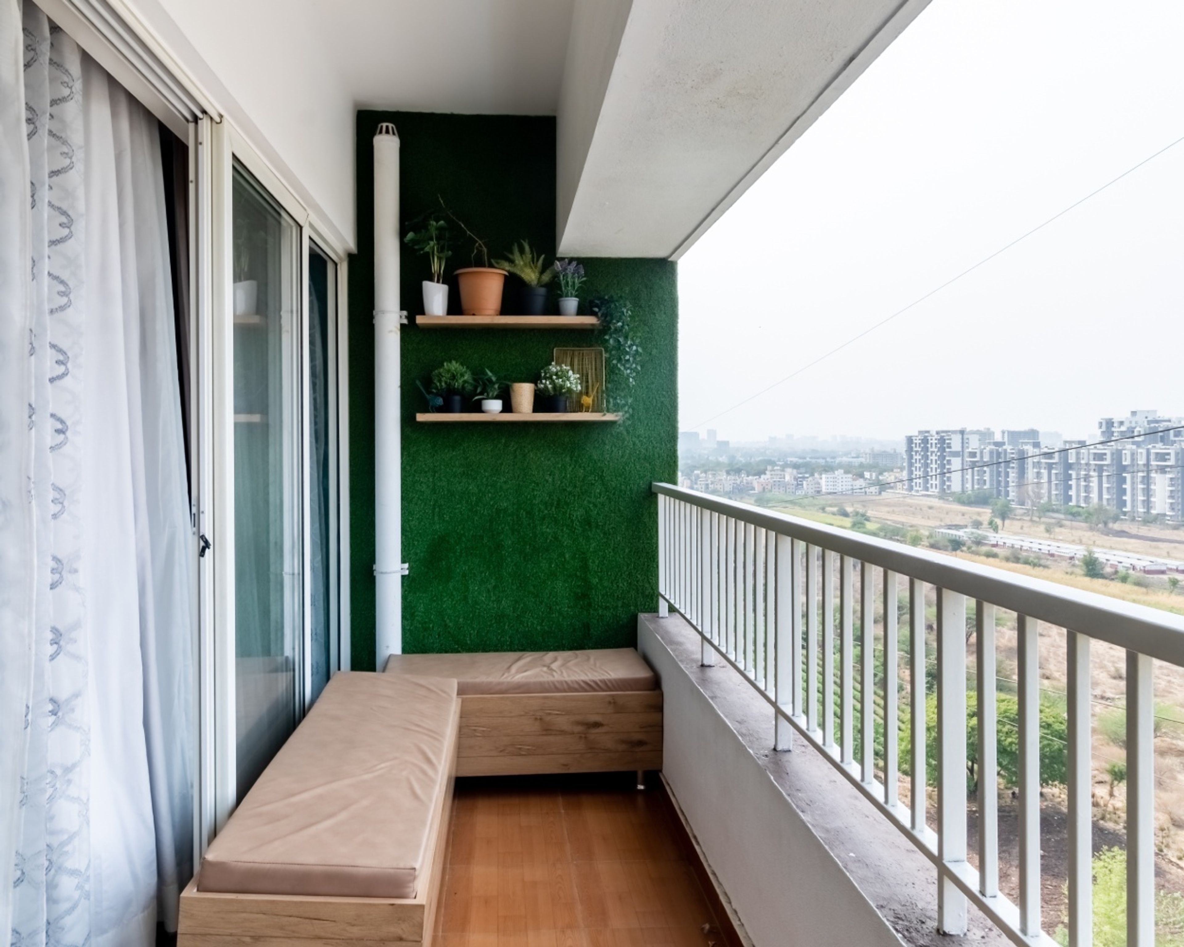 Modern Balcony Design With Floating Wooden Shelves