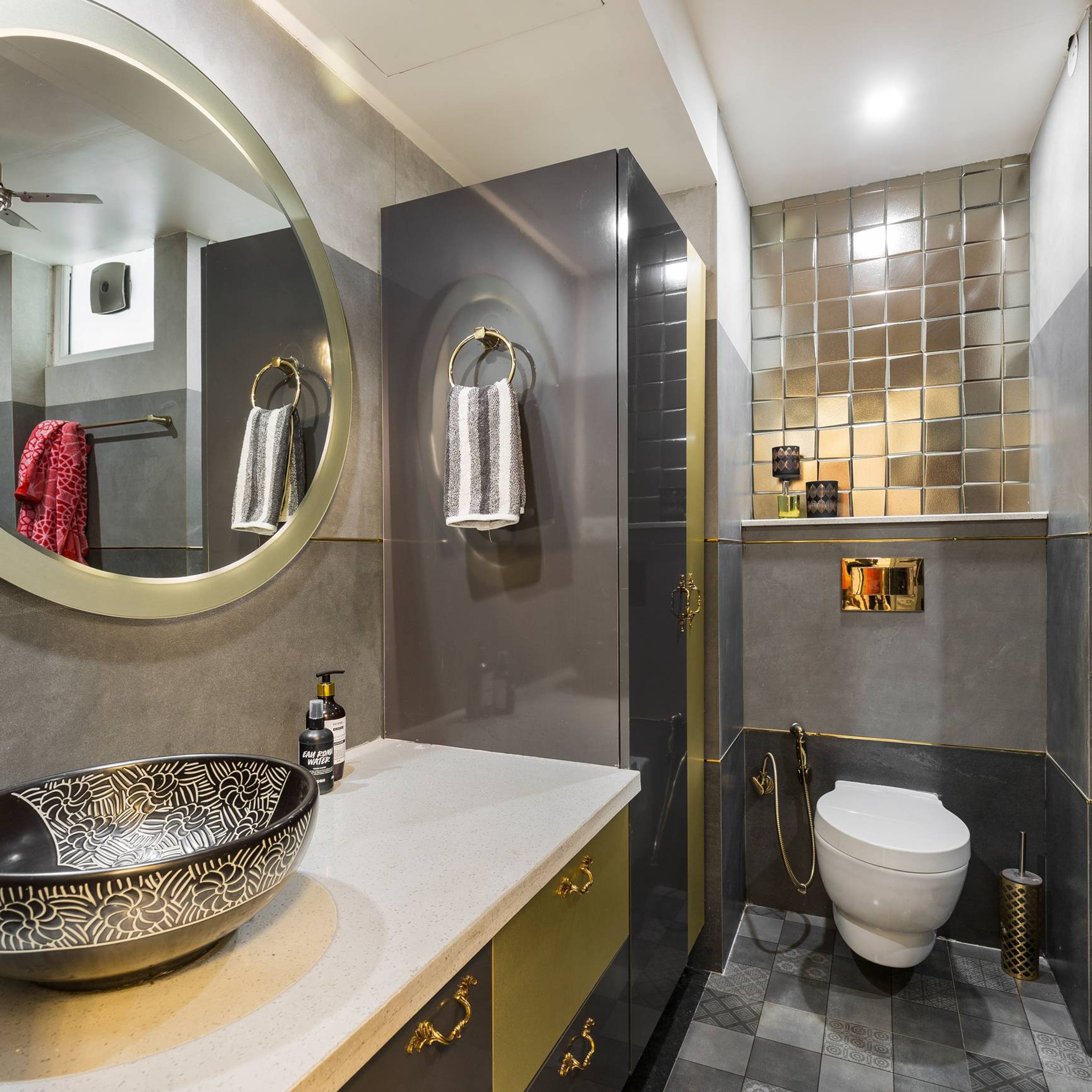 Compact Grey Bathroom Design With Mid-Century Brass Handles