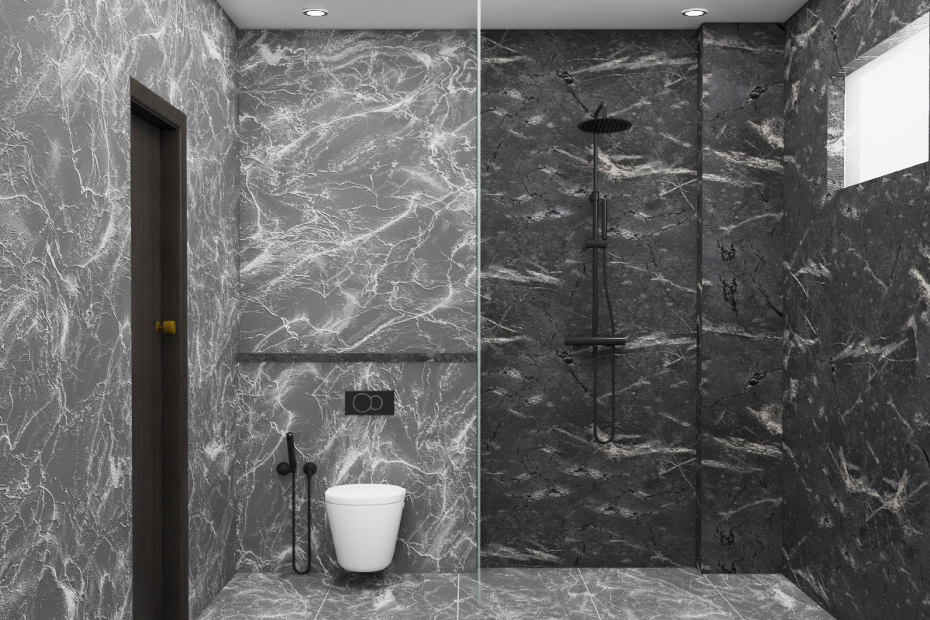 Modern Bathroom Design With Light And Dark Grey Marble Tiles