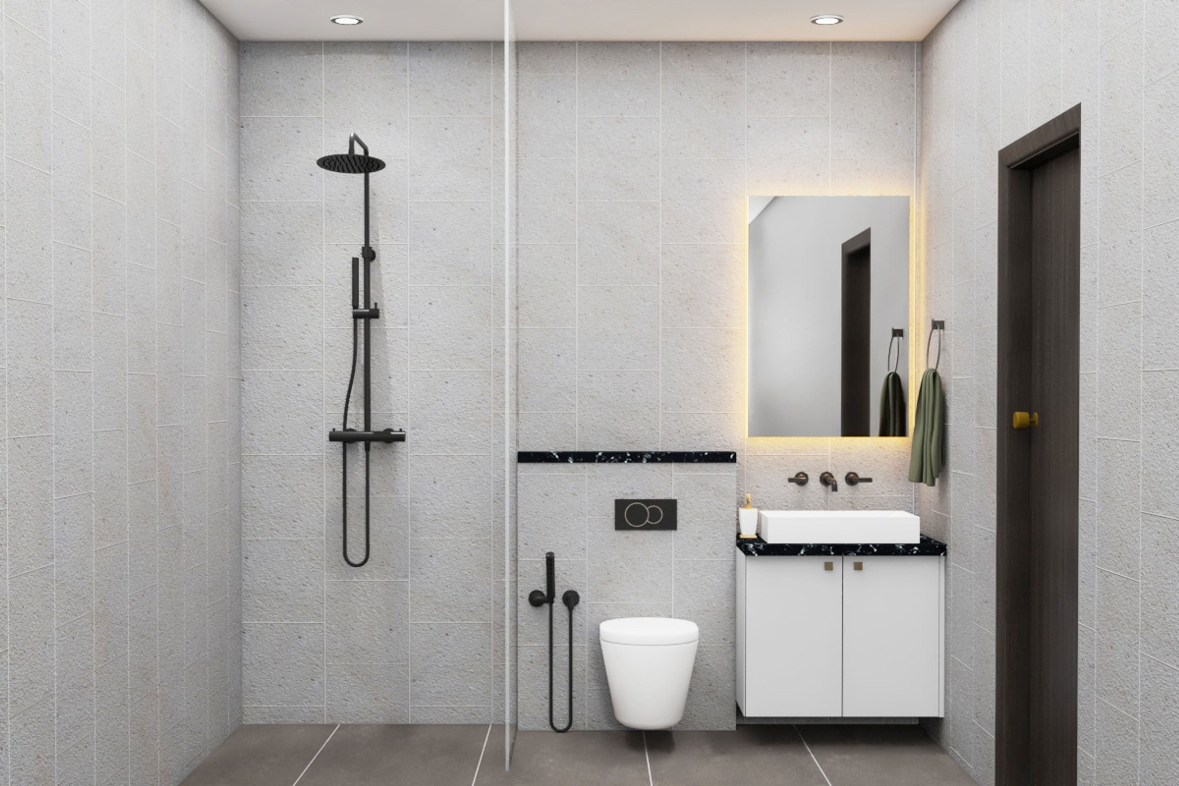 Modern Bathroom Design With Light Grey Tiles And Rectangular Mirror