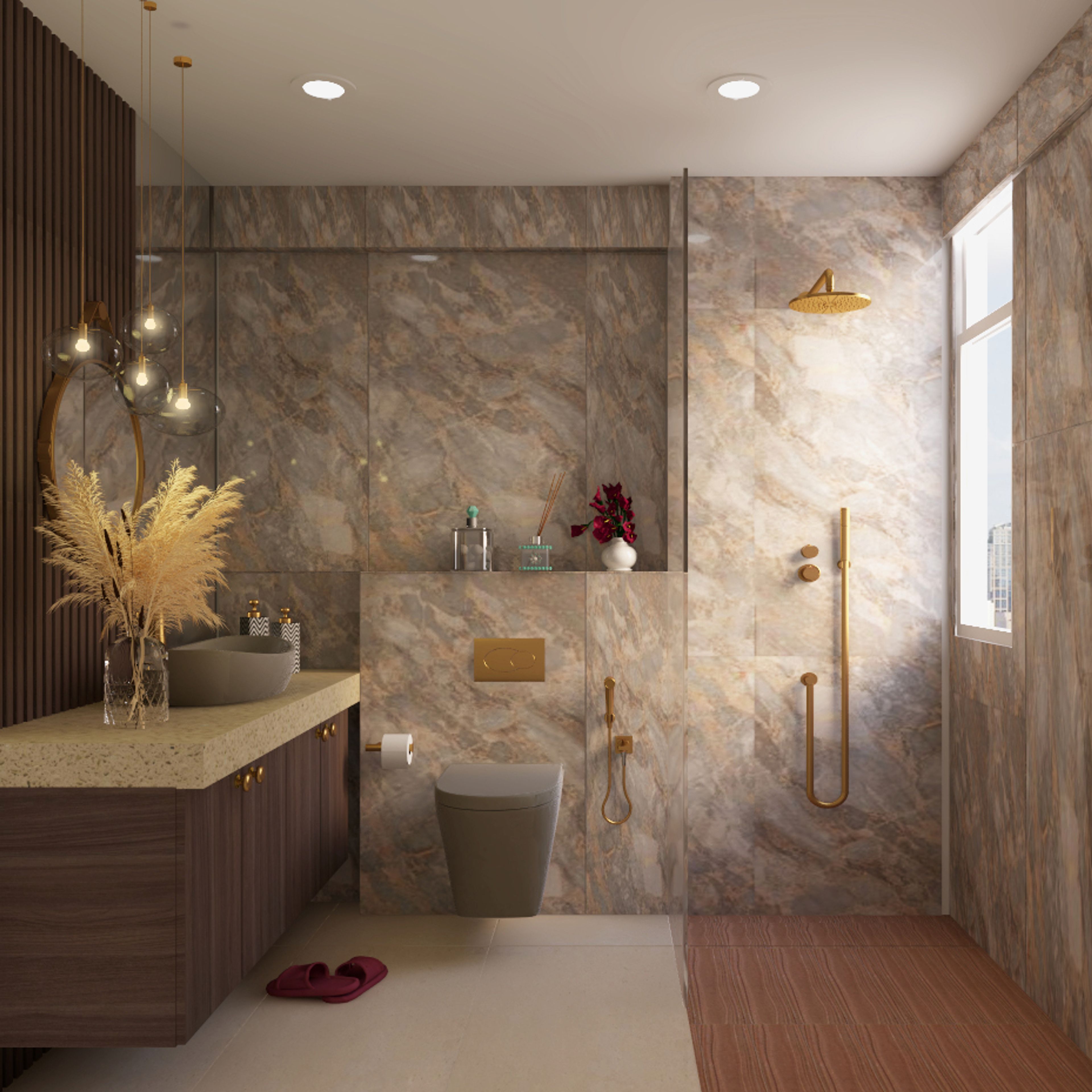 Classic Bathroom Design With Brown Tiles And Closed Storage