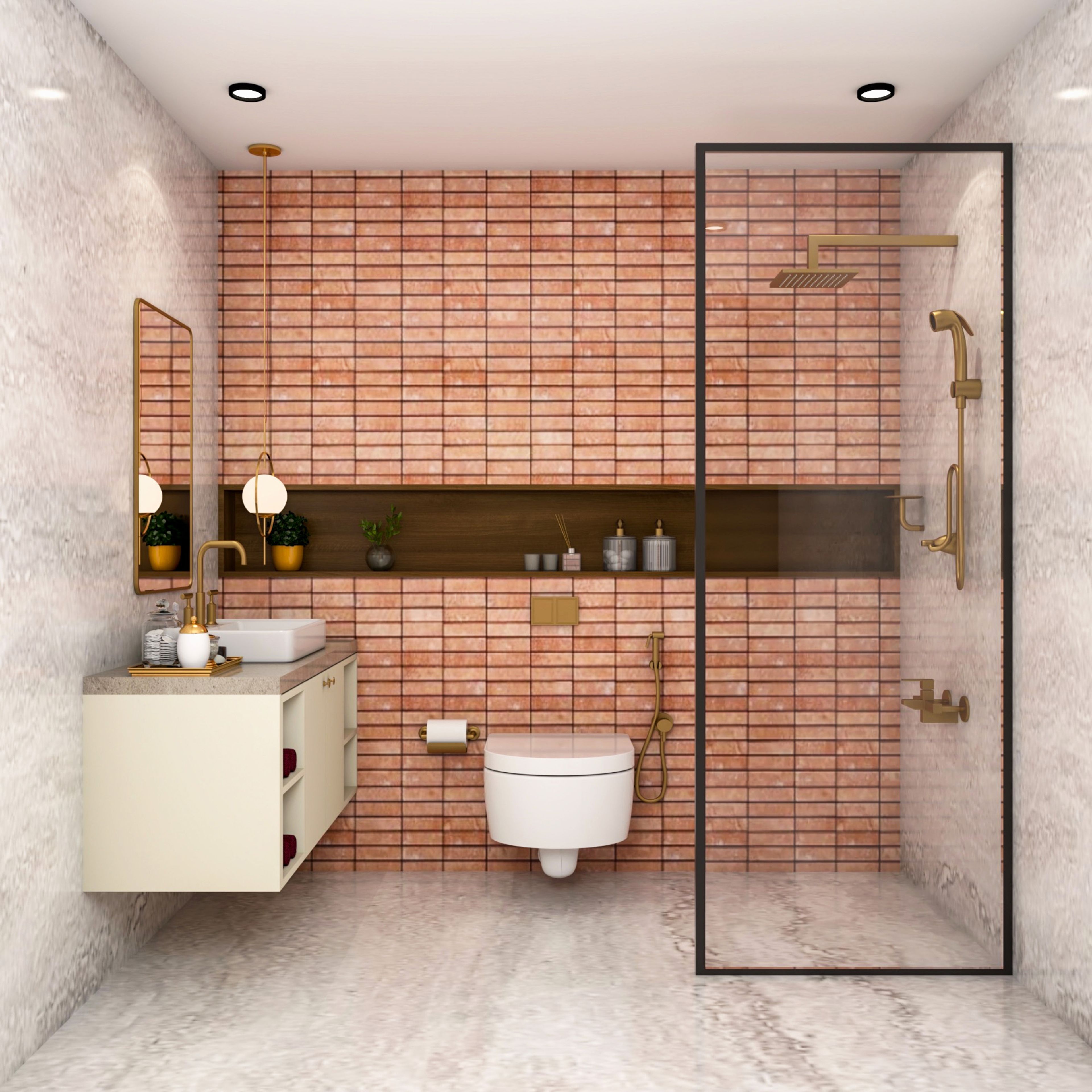 Orange And White Small Bathroom Idea With A Shower Area