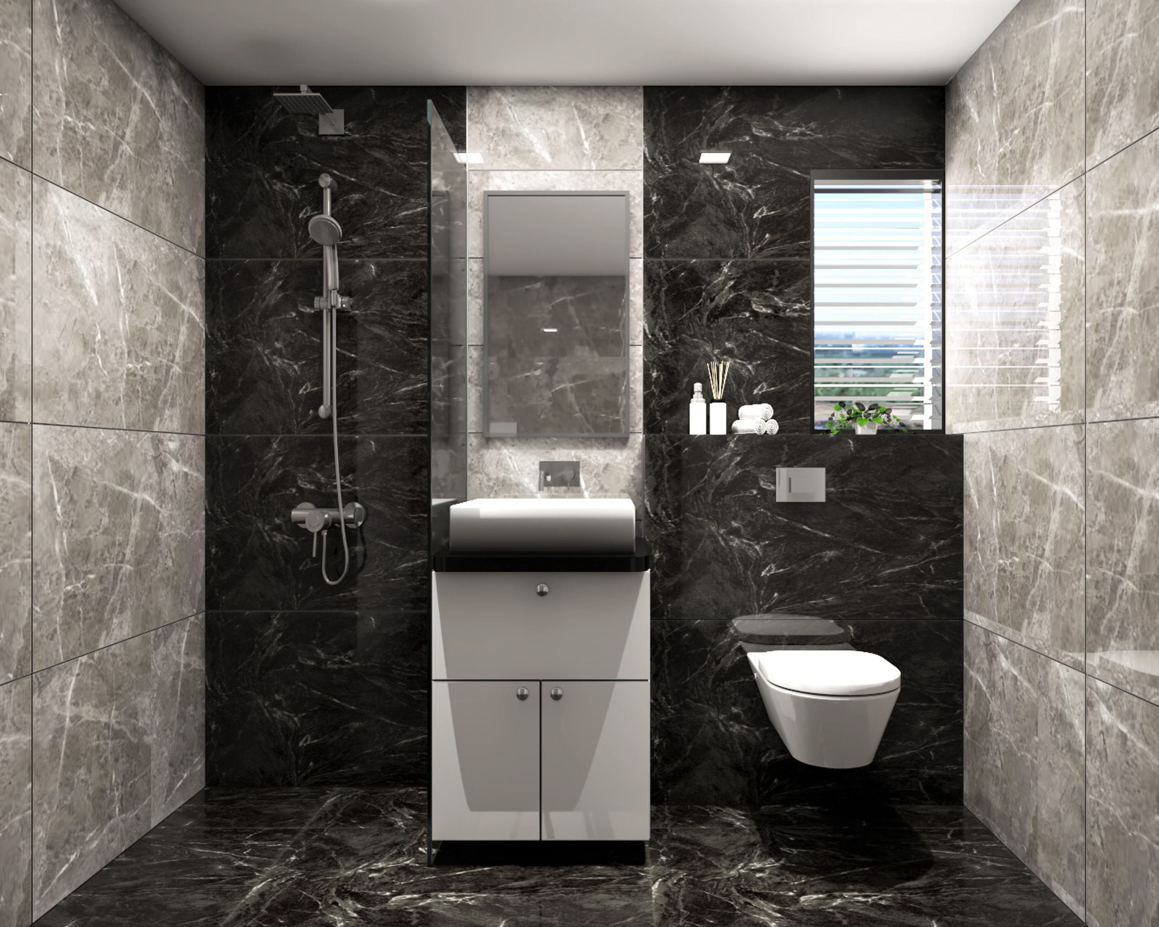 Black And Grey Small Bathroom Idea With Marble Tiles