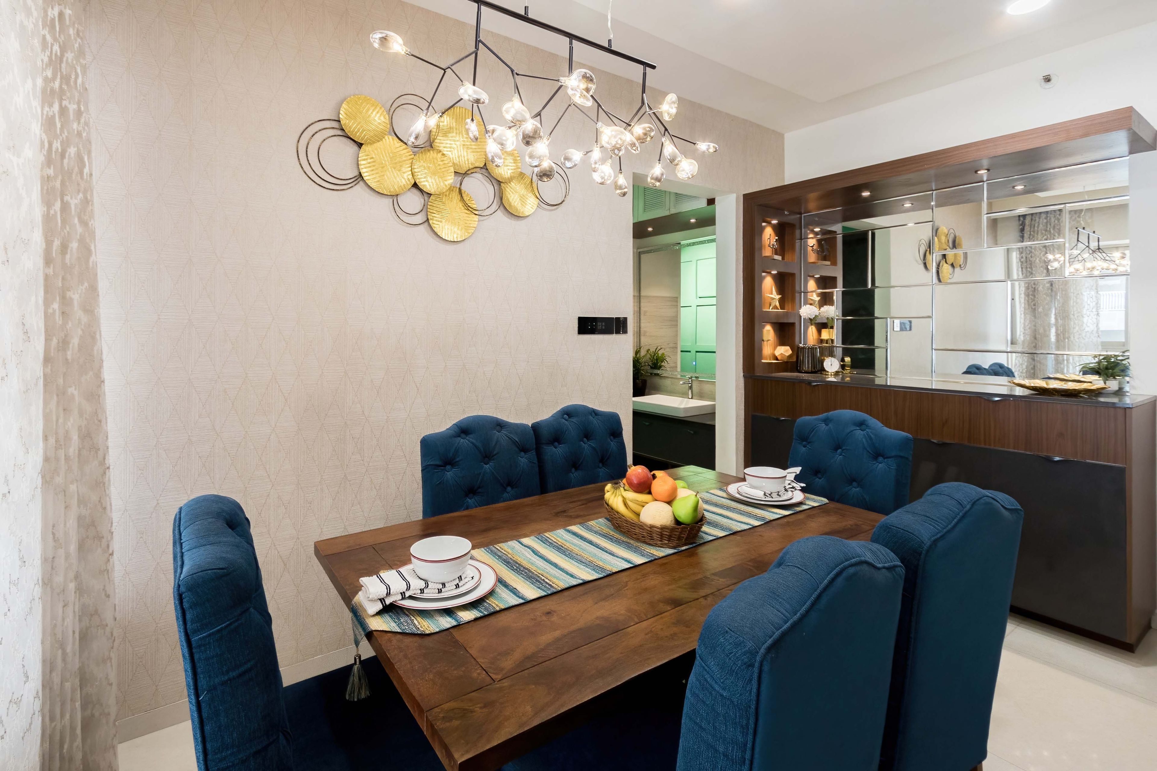Classic Dining Room Design With Dark Blue Upholstery