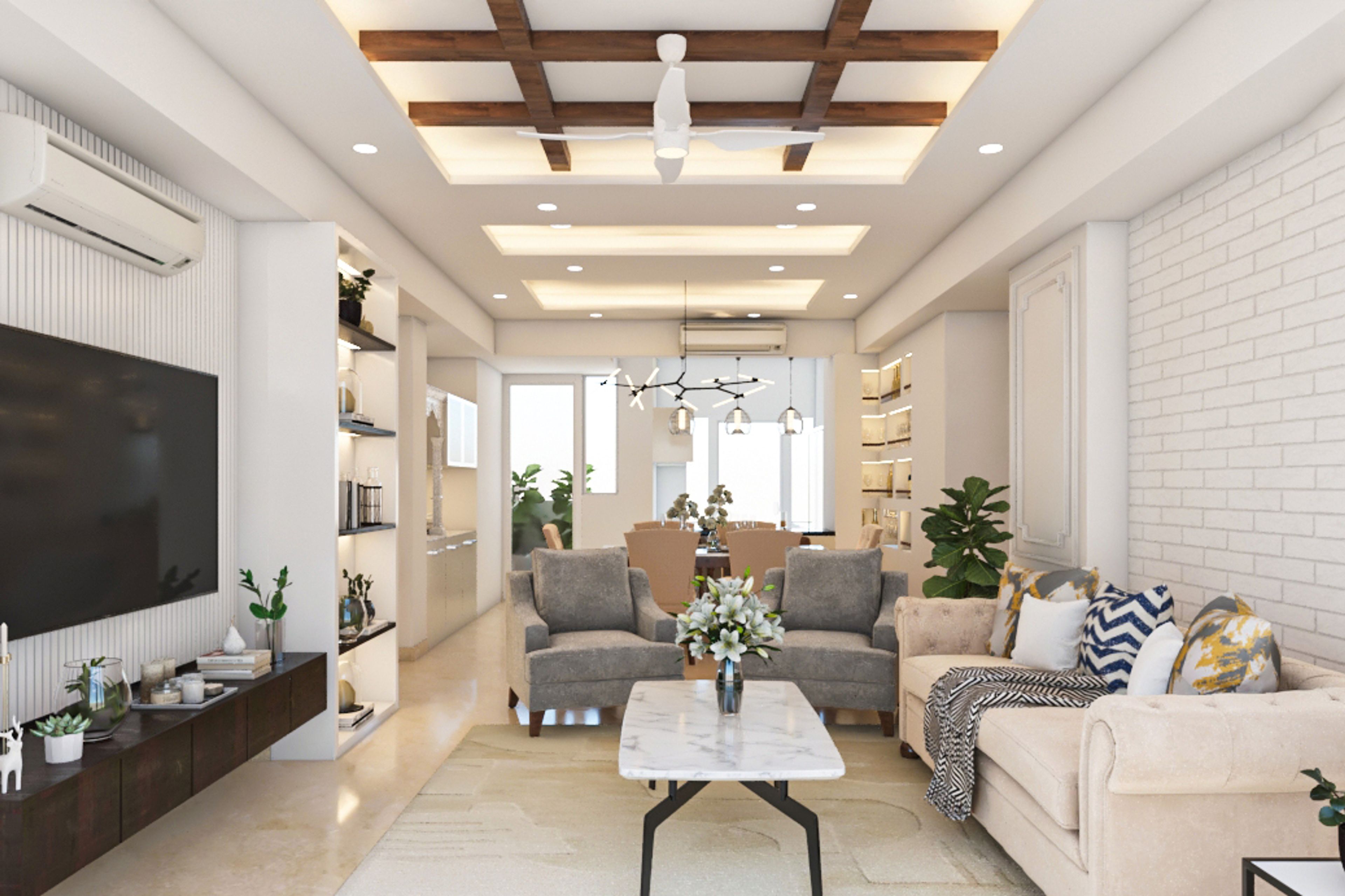 Modern Geometric False Ceiling Design With Gypsum And Wood