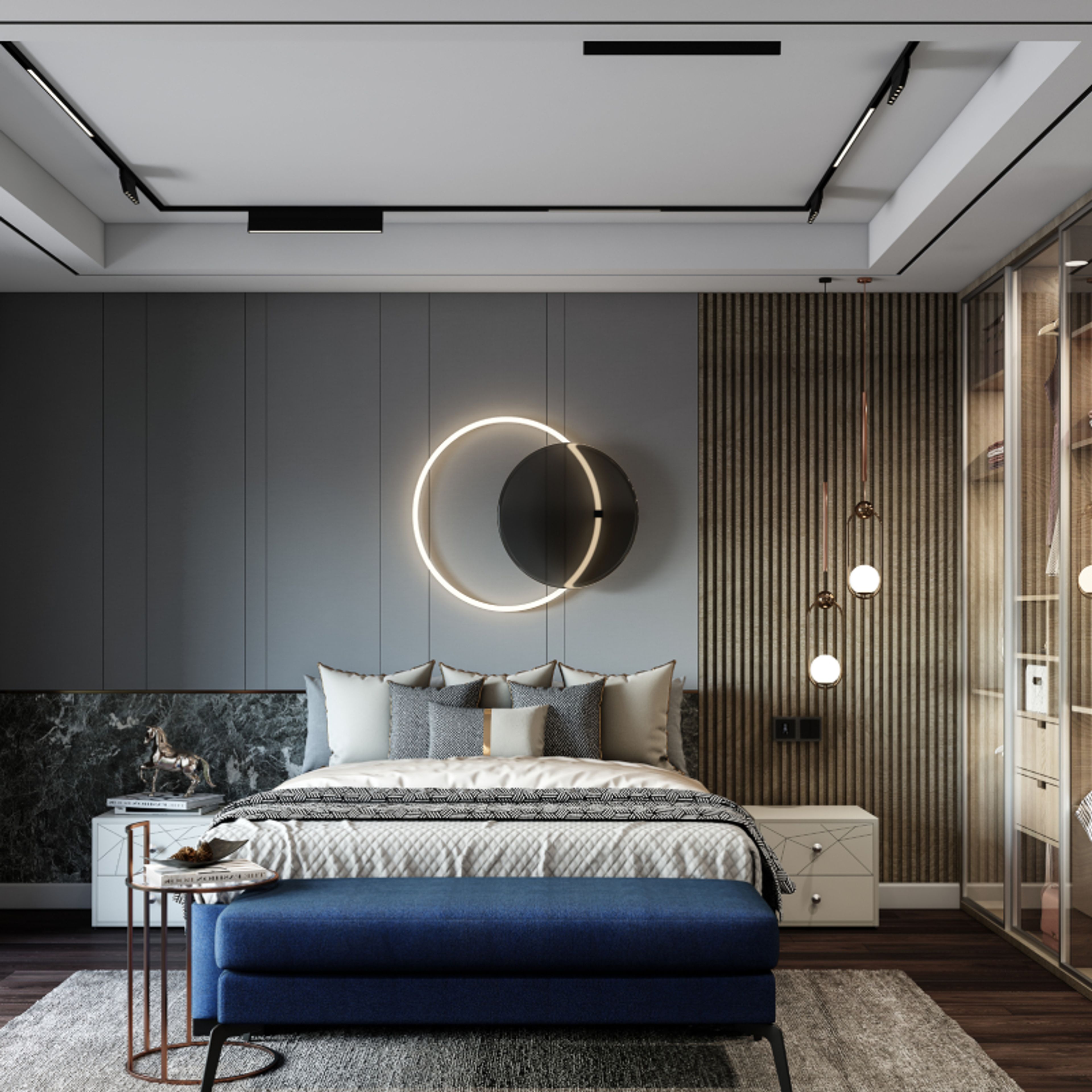 Modern False Ceiling with Magnetic Track Lights for Bedrooms