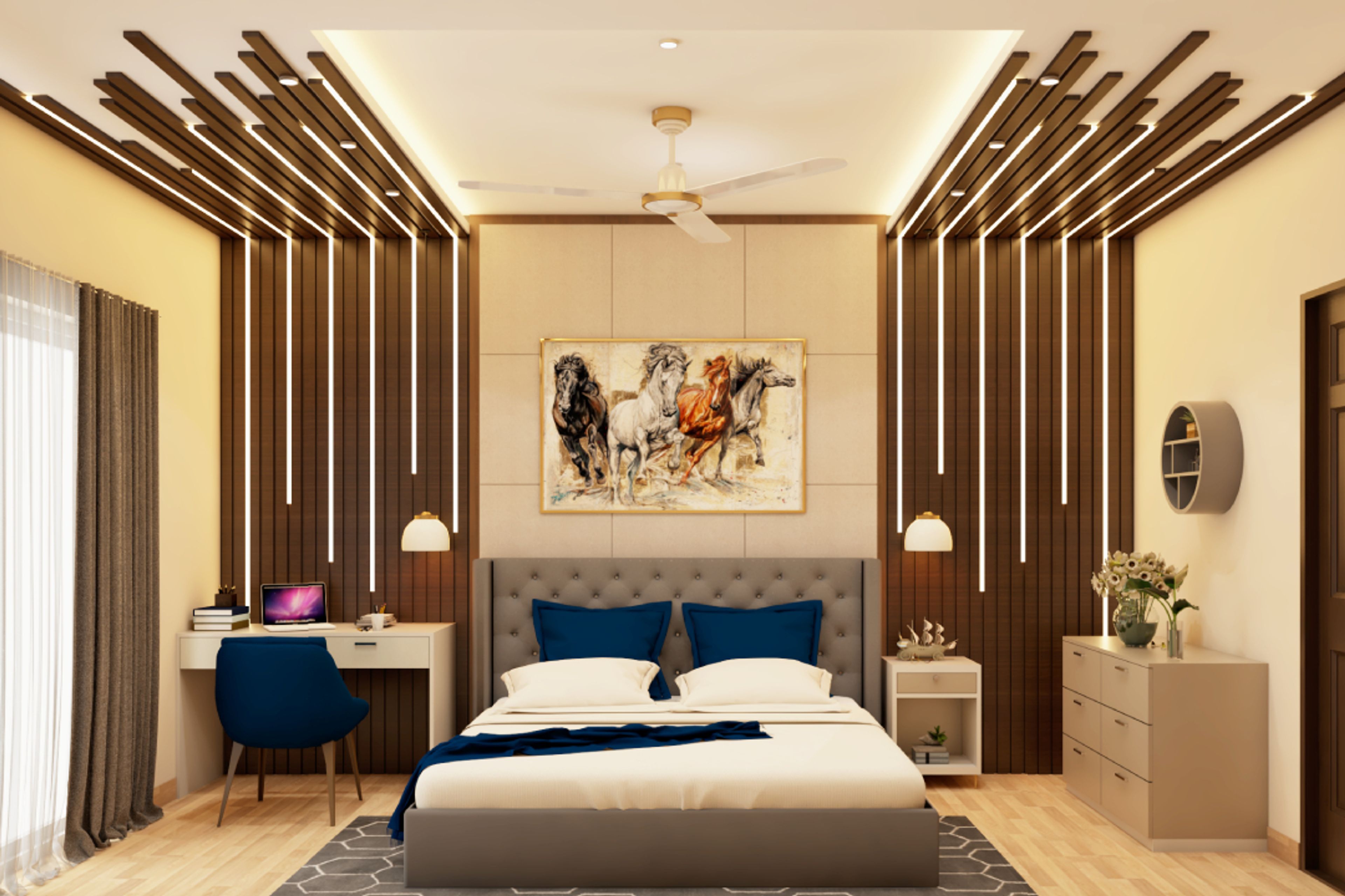 Modern Wooden False Ceiling Design With A Laminate Finish For Bedrooms