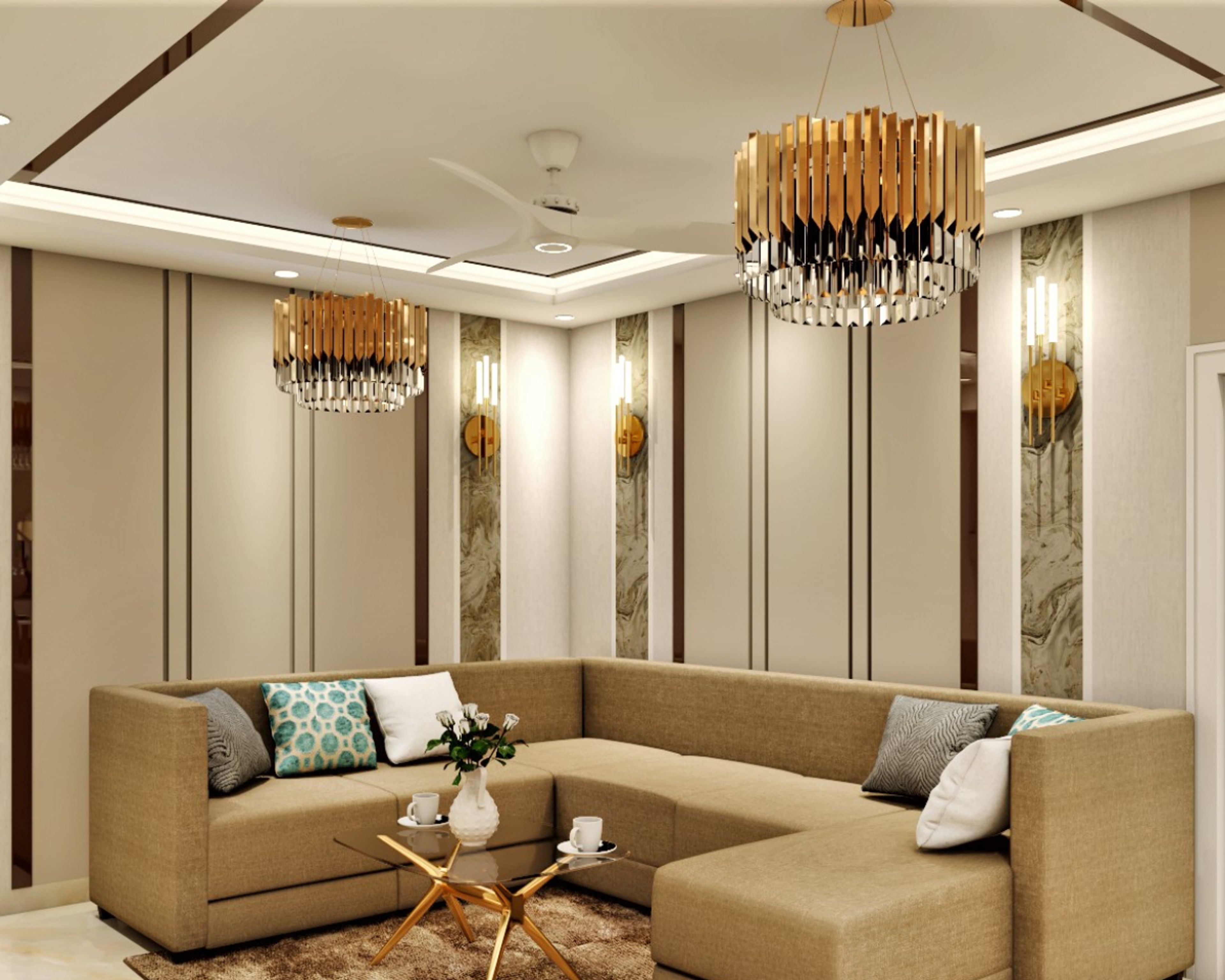 Living Room False Ceiling With Recessed Lights And A Chandelier - Livspace