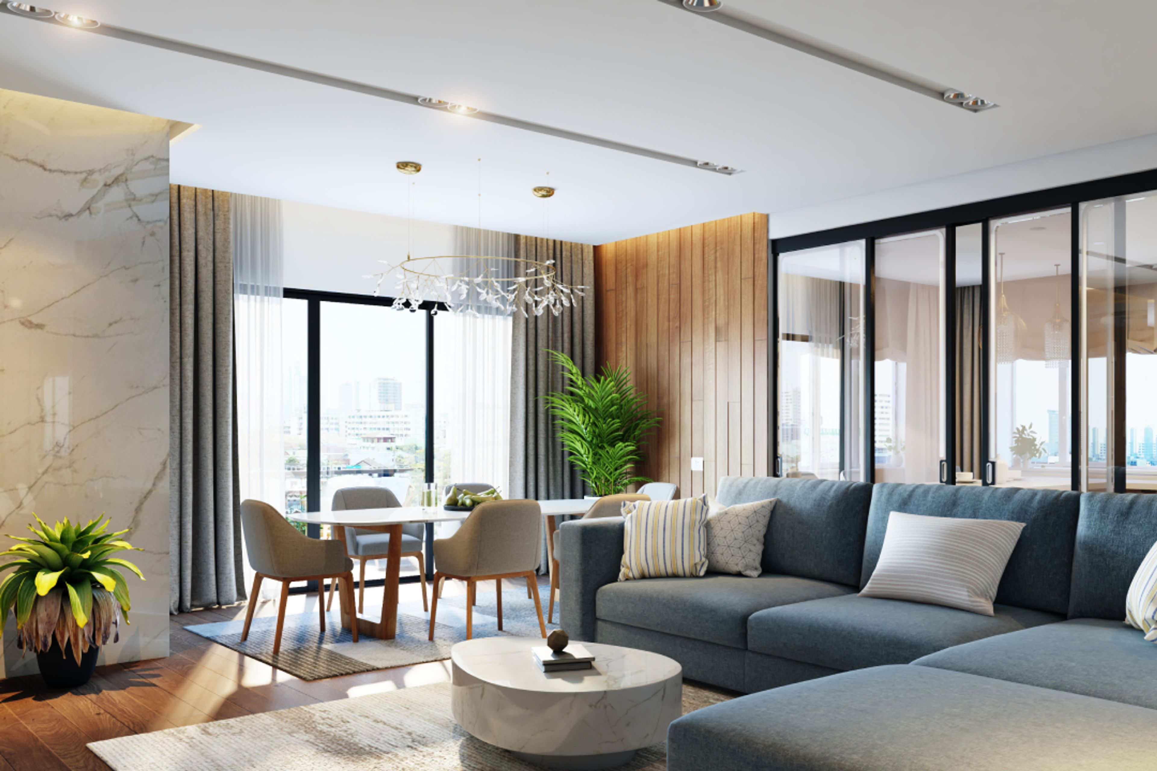 Living Room False Ceiling Made Of Wood And Gypsum - Livspace