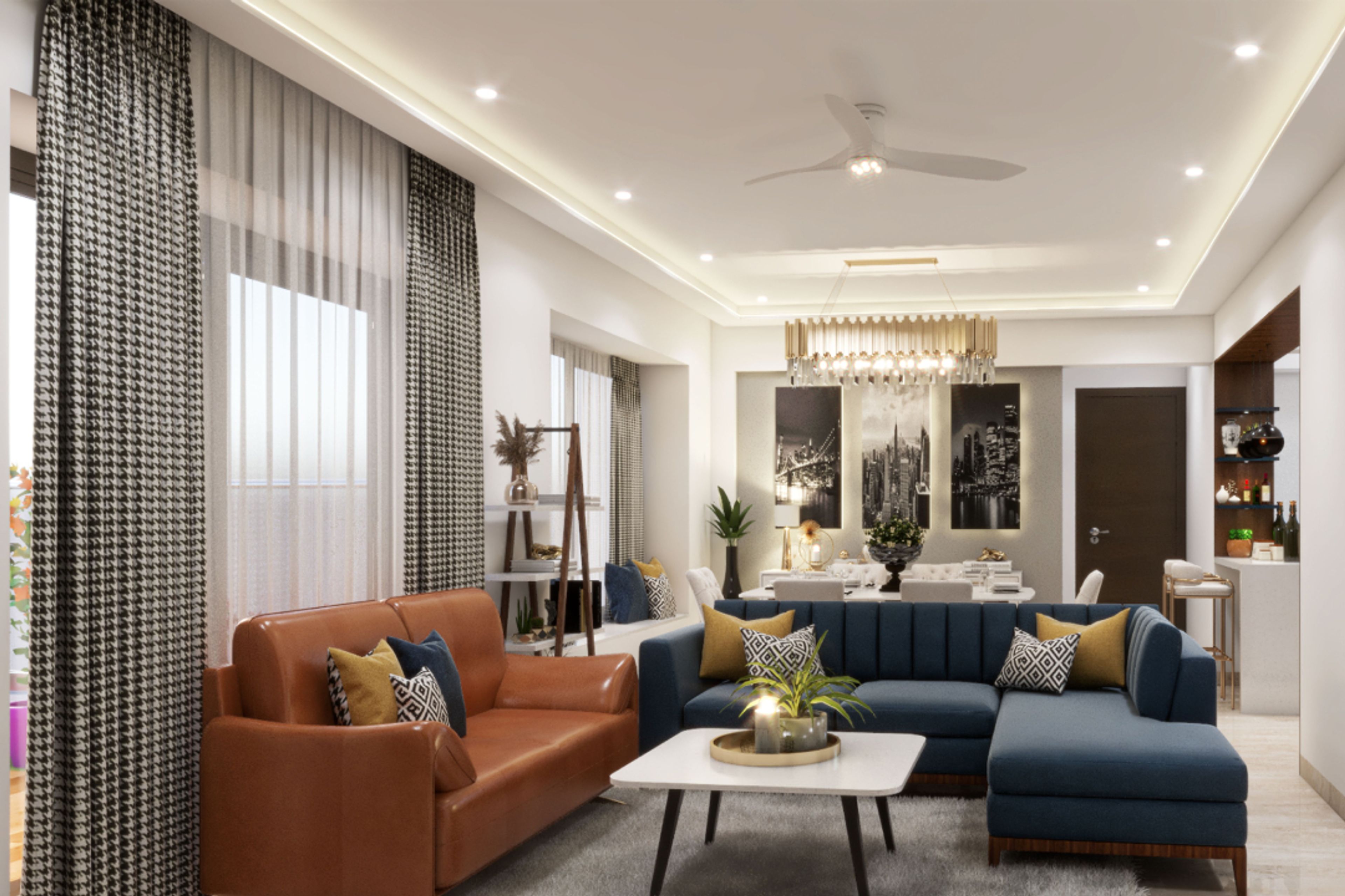 Living Room Peripheral False Ceiling With Recessed Lights - Livspace