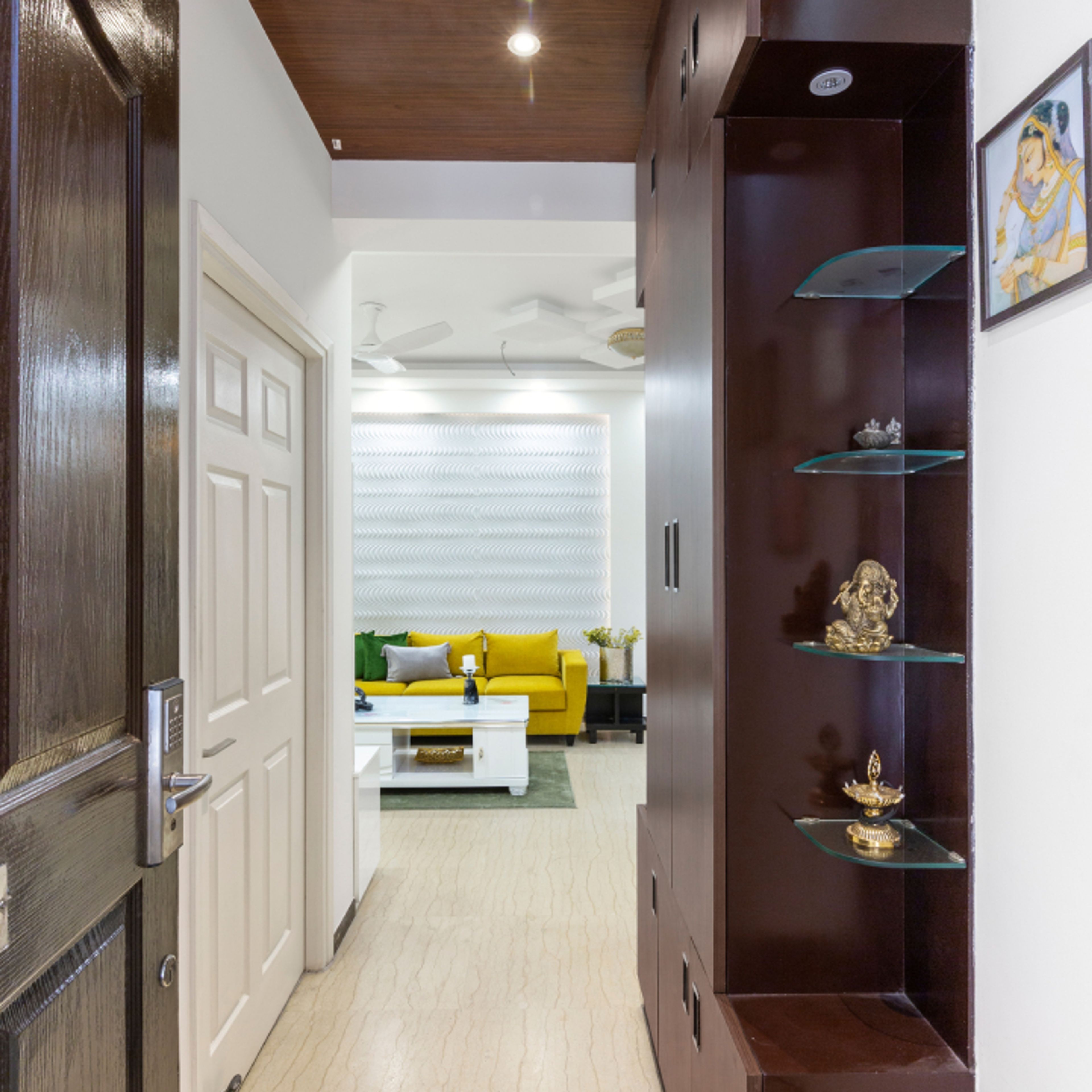 Modern Foyer Design With Wooden Storage And Glass Shelves