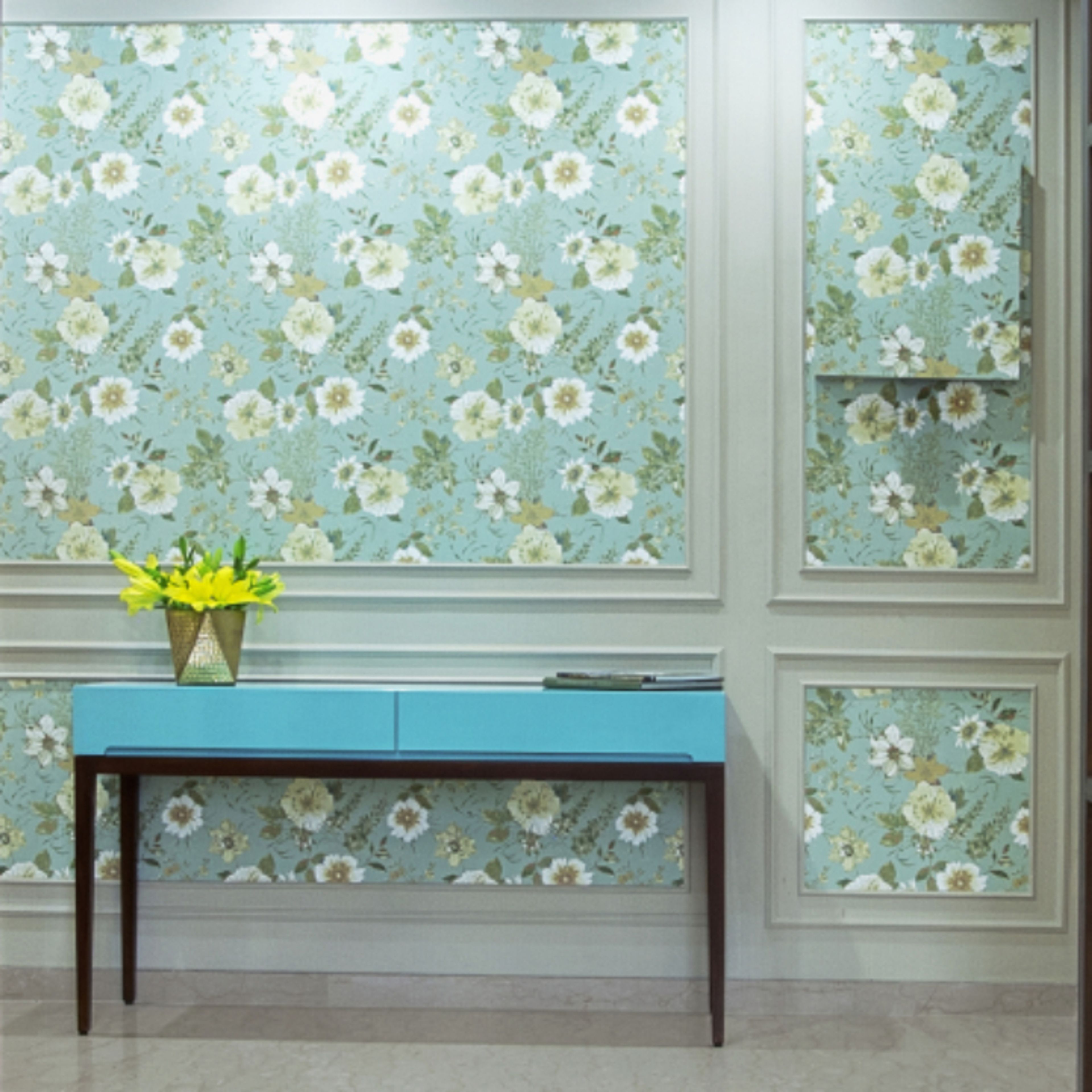 Classic Blue Foyer Design With Floral Wallpaper And Console