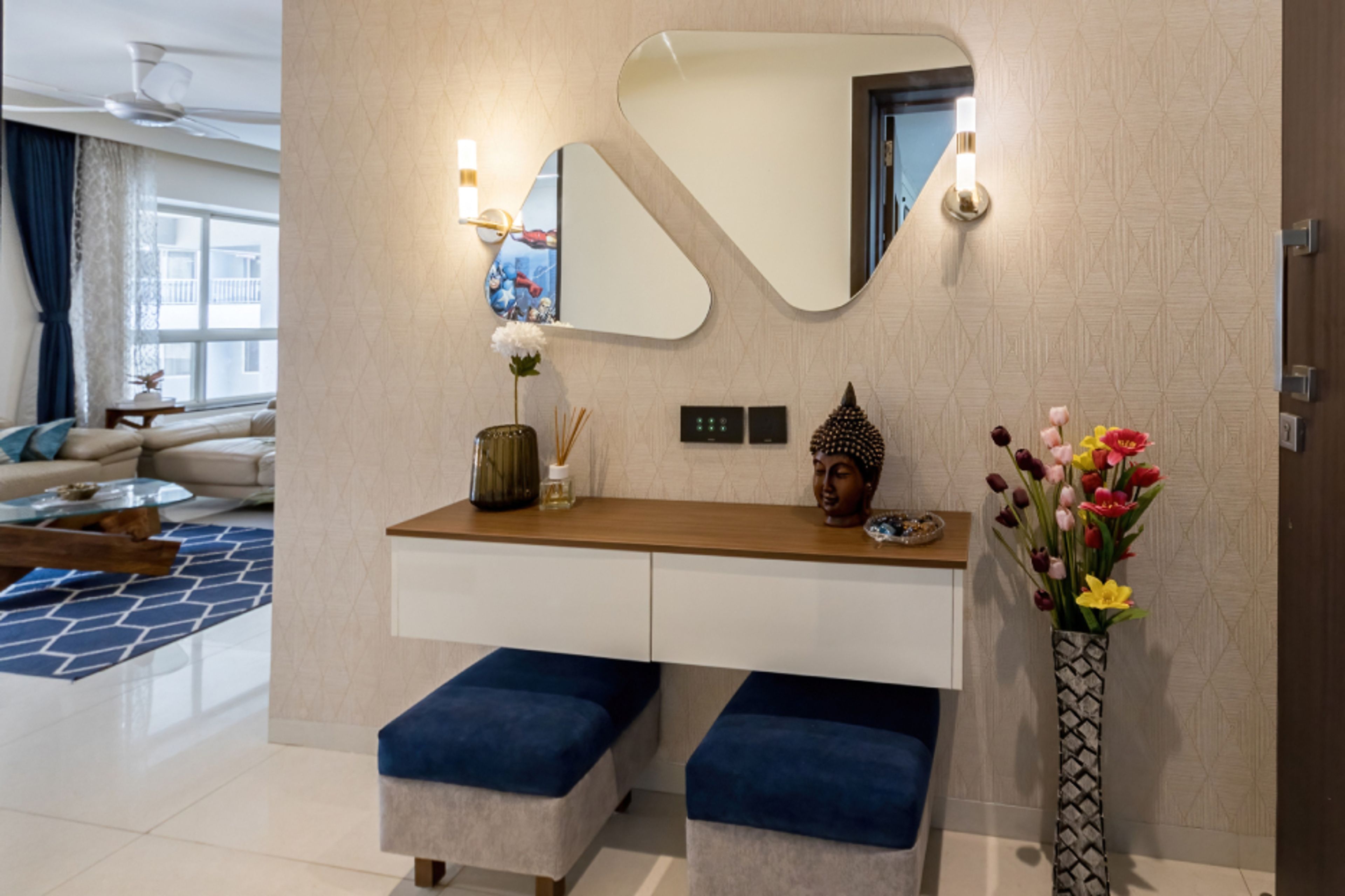 Frosty White Modern Foyer Design With Wall-Mounted Drawers