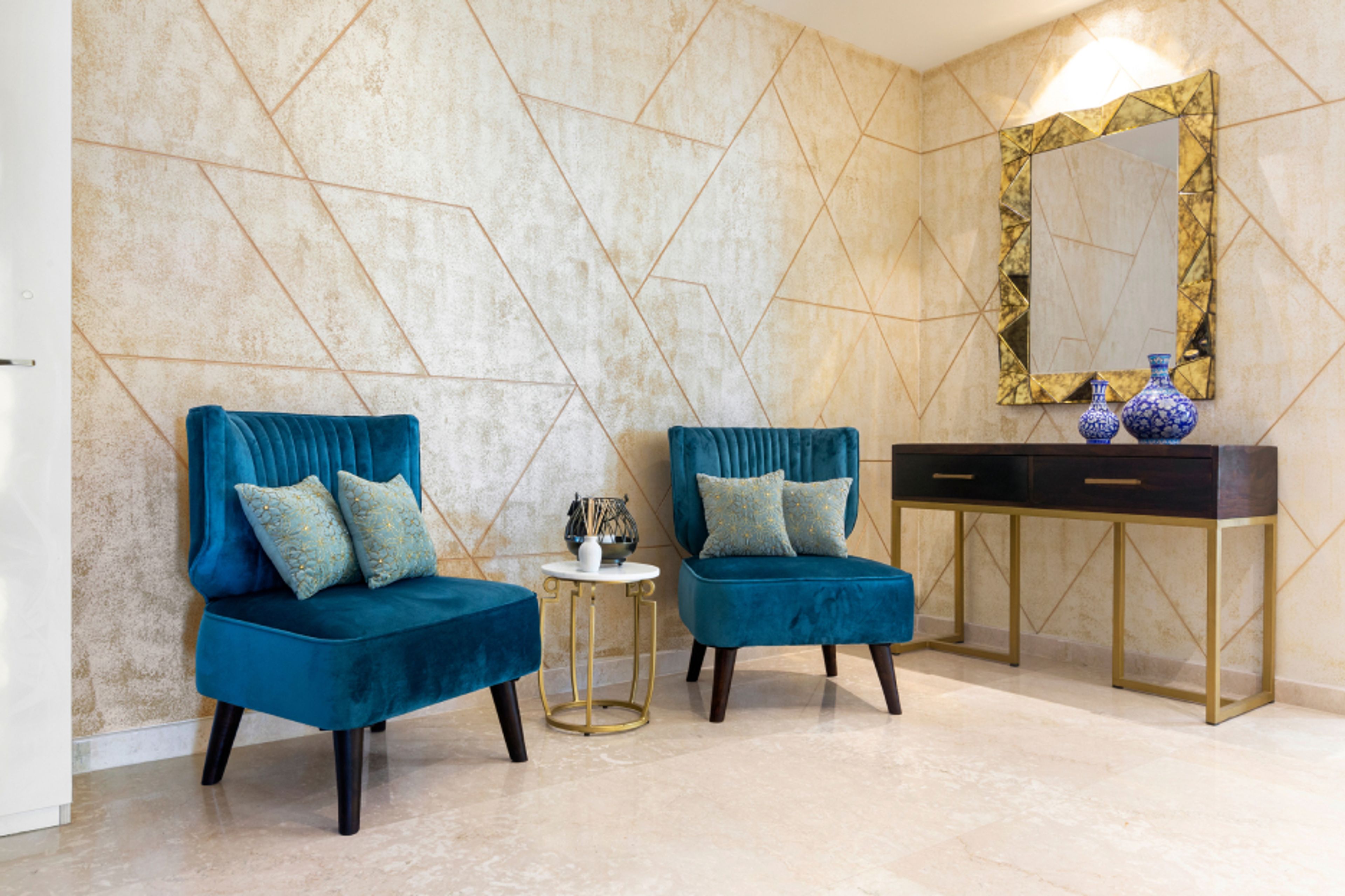 Modern Blue Foyer Design With A Console Table