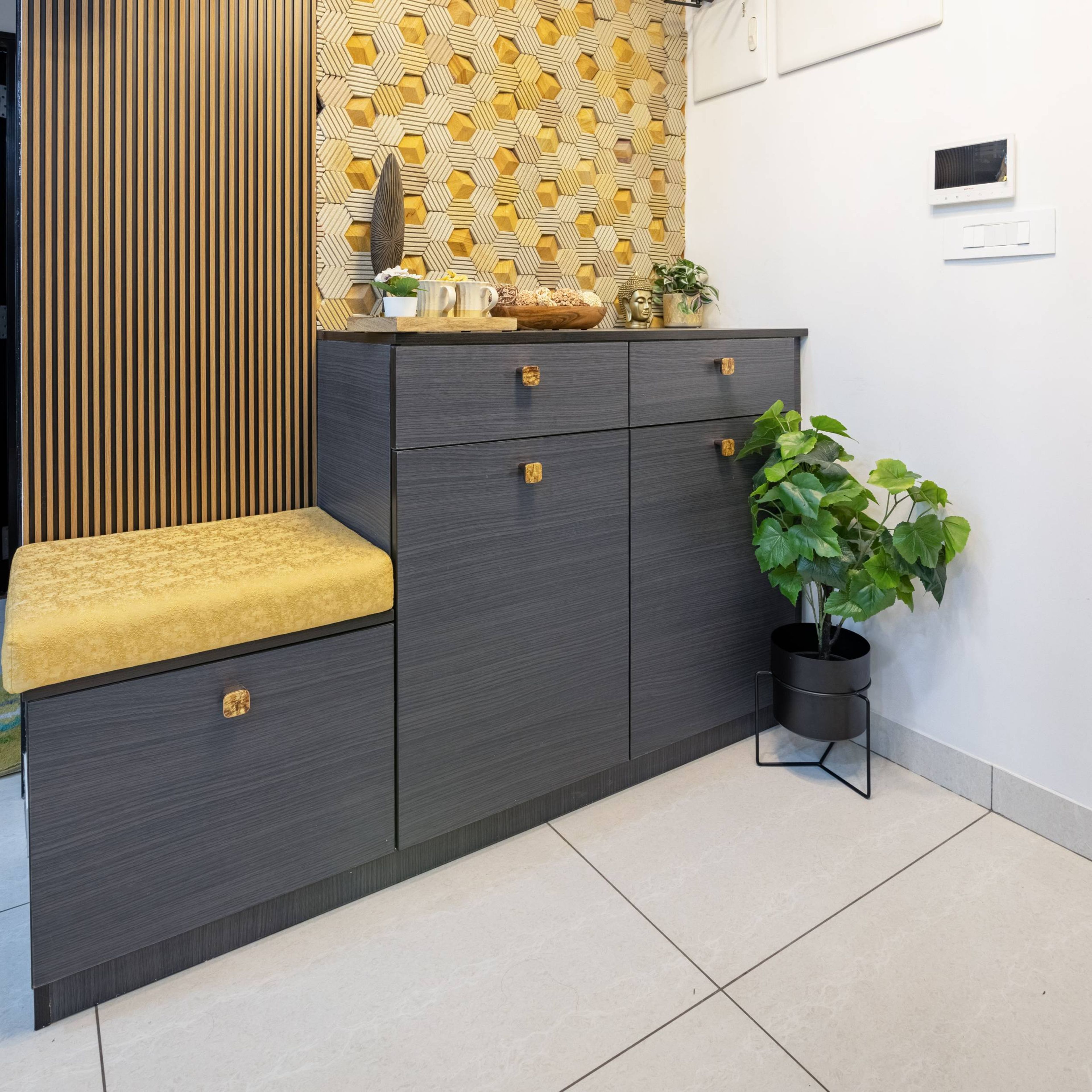 Contemporary Foyer Design With Wooden Fluted Panels And Wallpaper