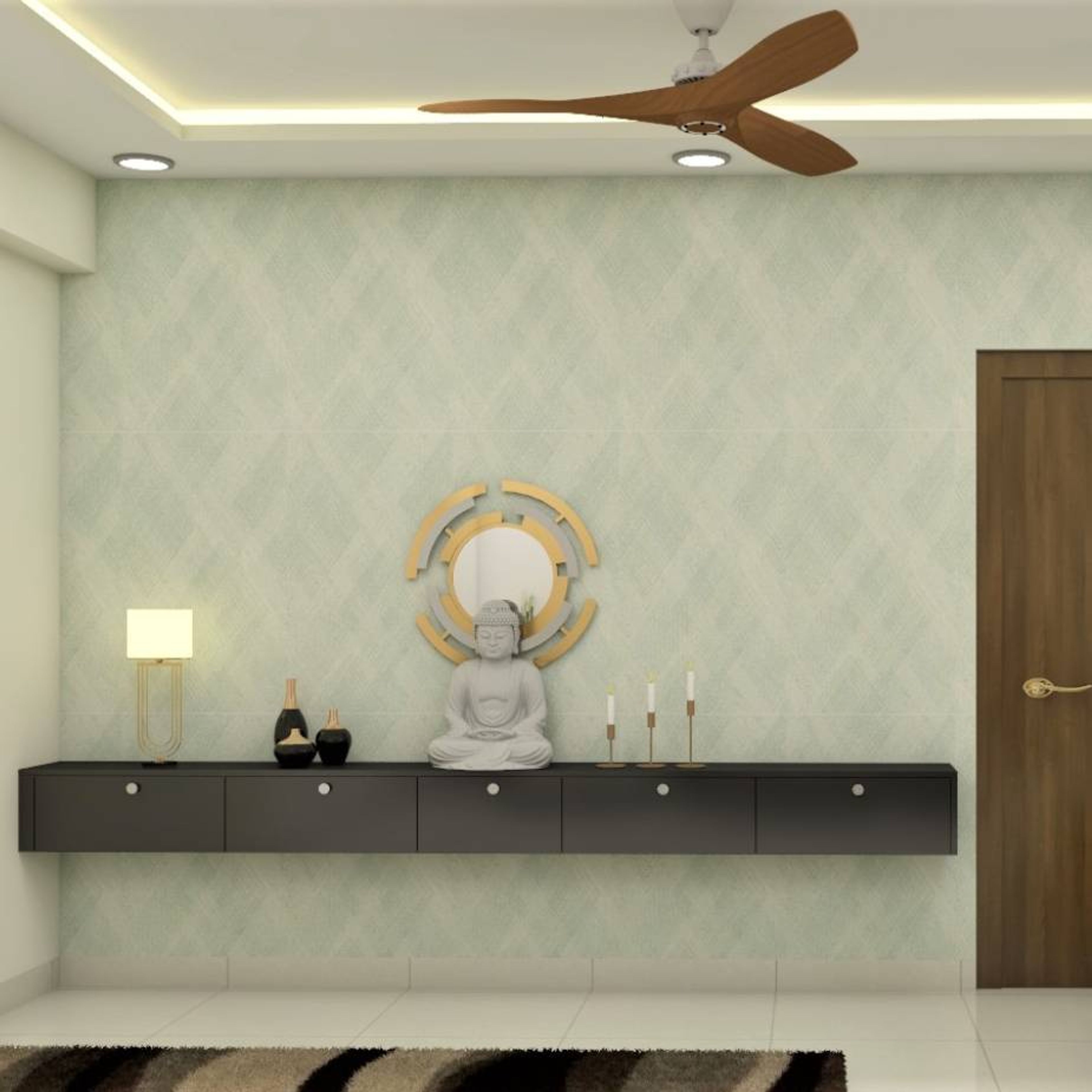 Contemporary Foyer Design With Wallpaper And Designer Mirror