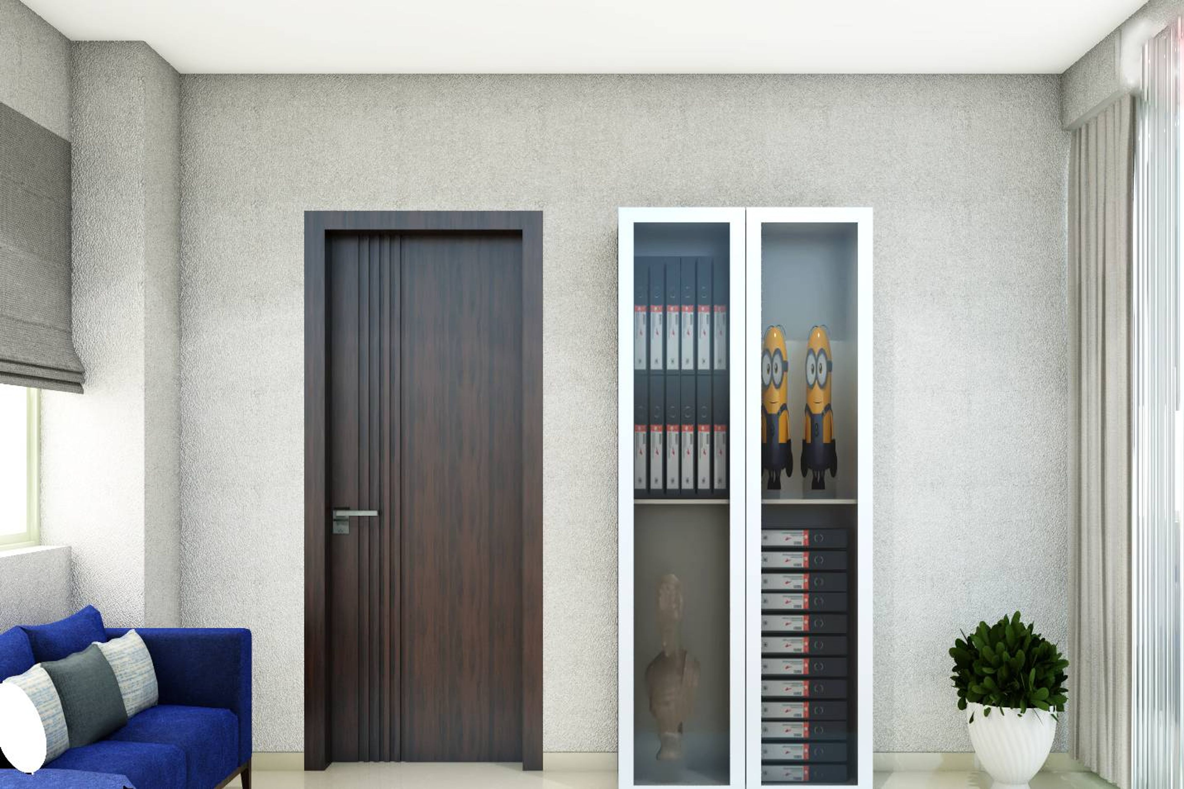 Contemporary Foyer Design With Tall Glass-Shutter Storage Unit