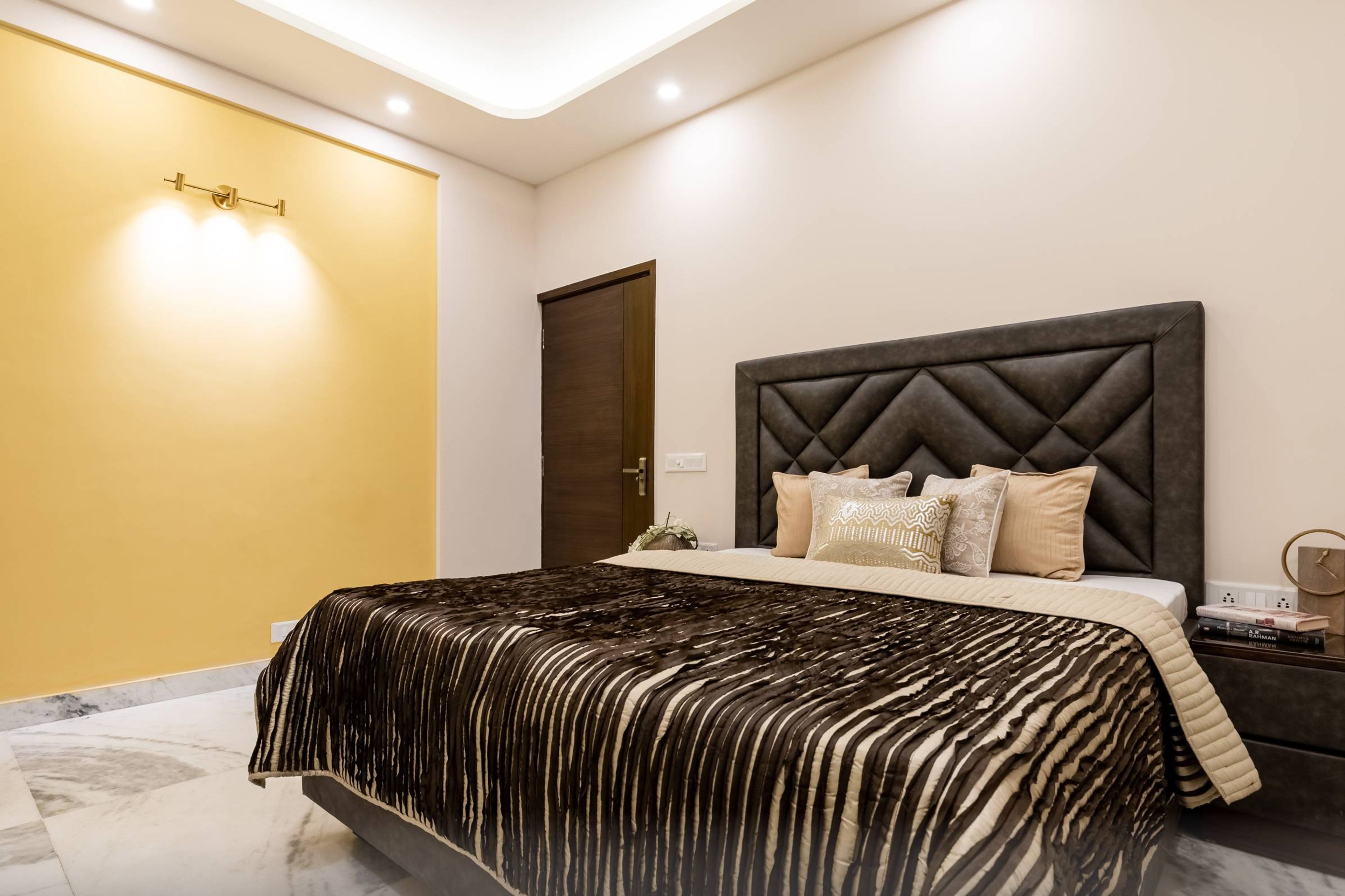 Modern Guest Bedroom Design With Mustard Yellow Accent Wall