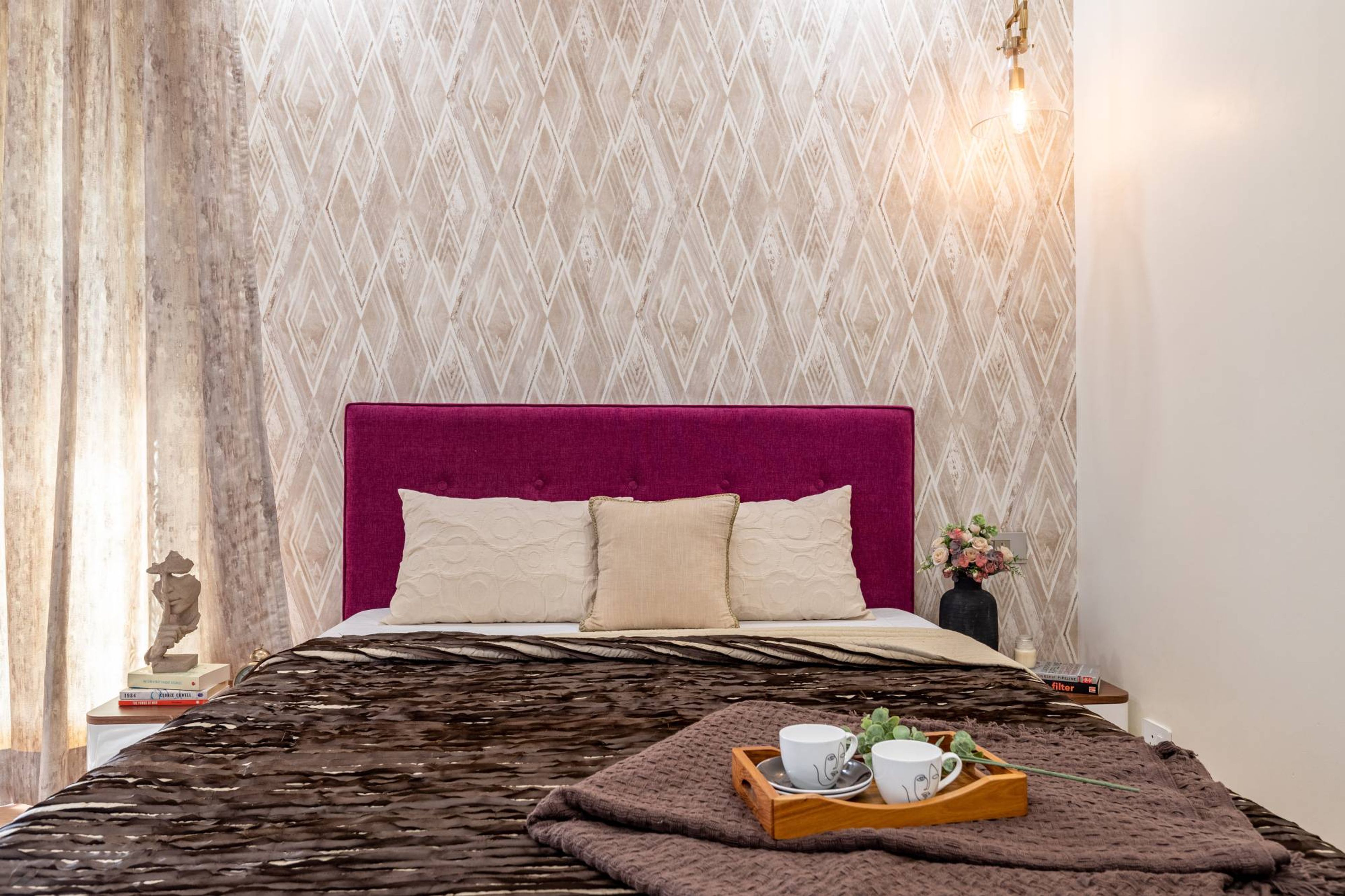 Modern Guest Bedroom Design With Maroon Velvet Headboard