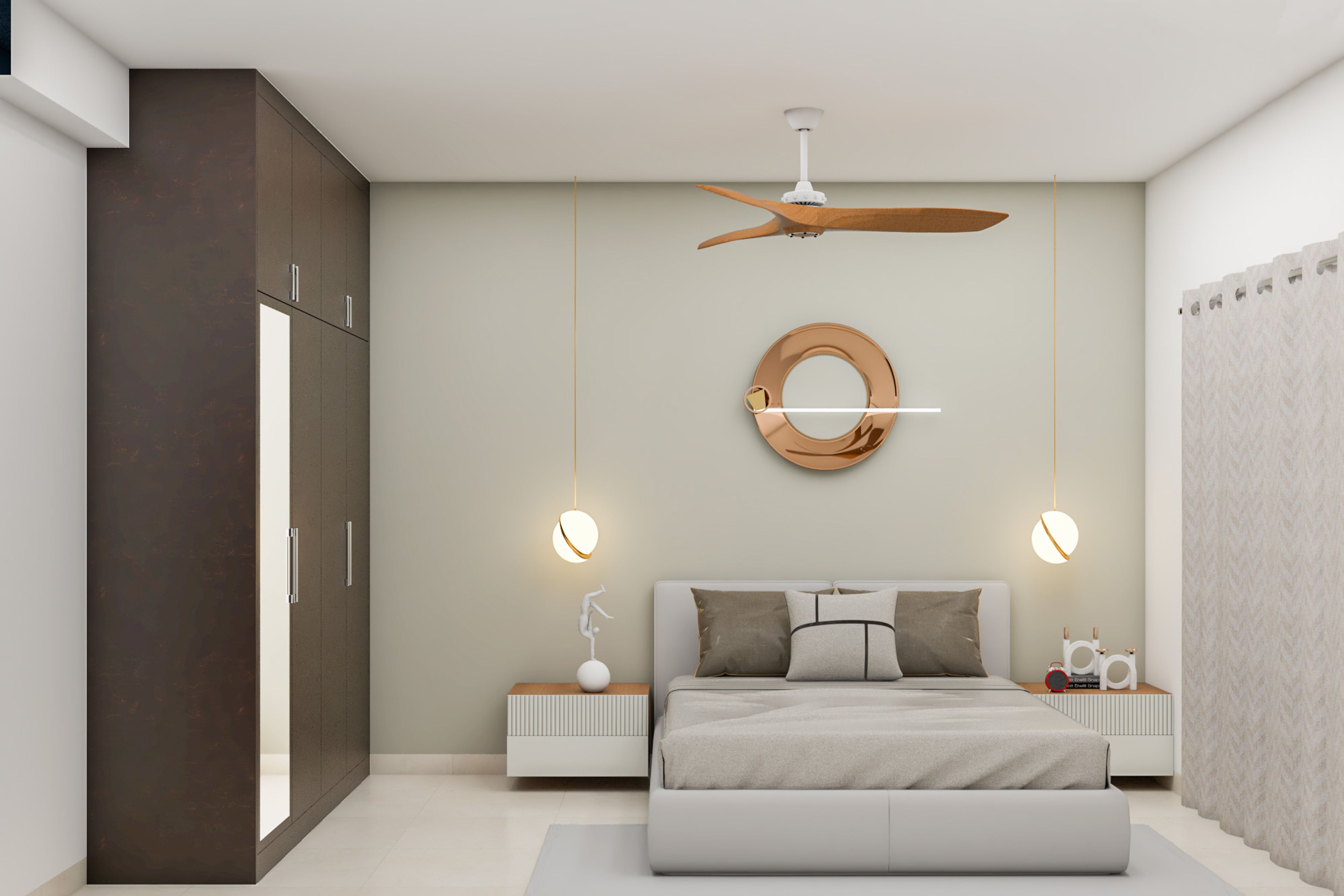 Modern Guest Bedroom Design With Cream-Coloured Wall And Dark Wardrobe