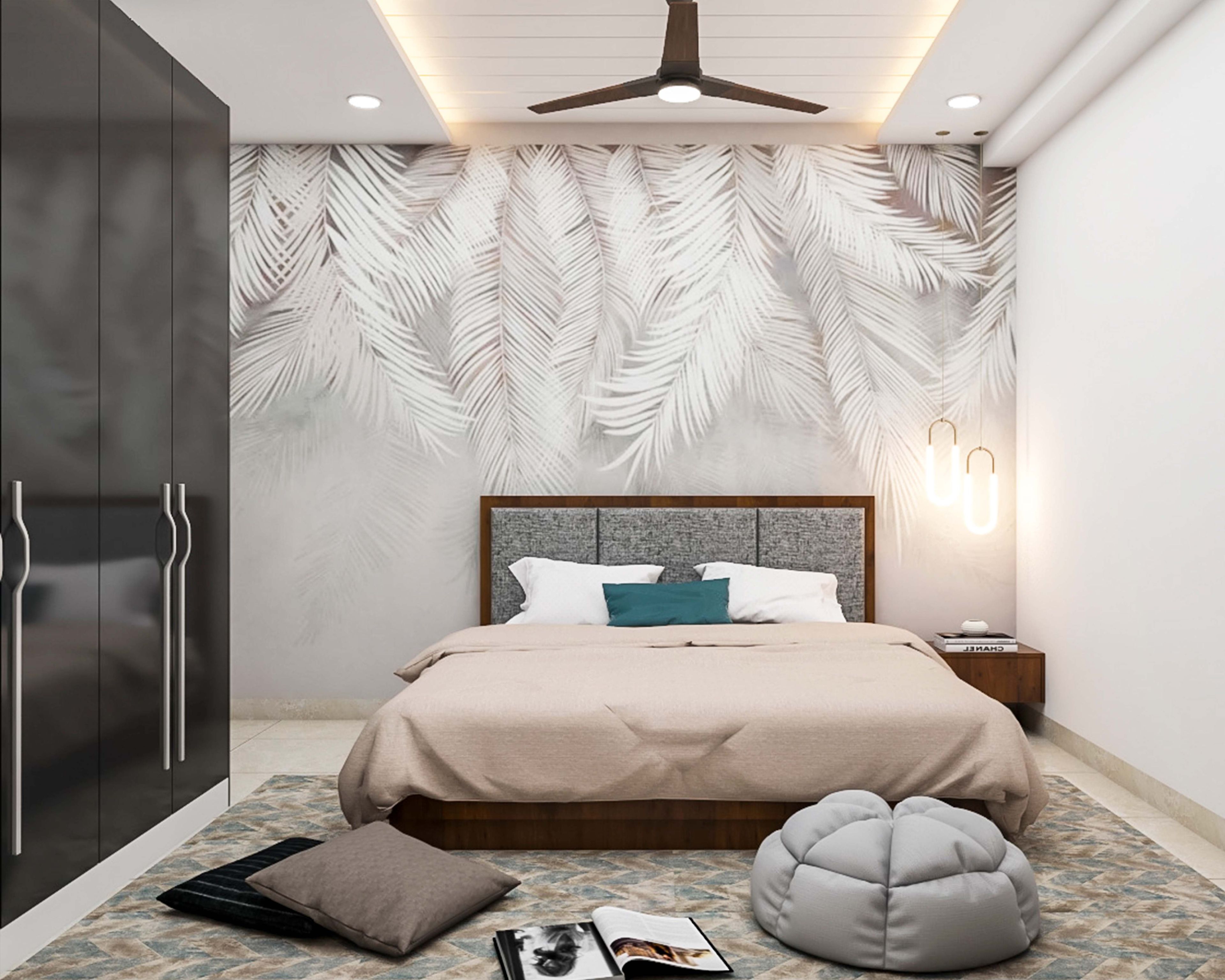 Modern Guest Bedroom Design With Leafy Wallpaper