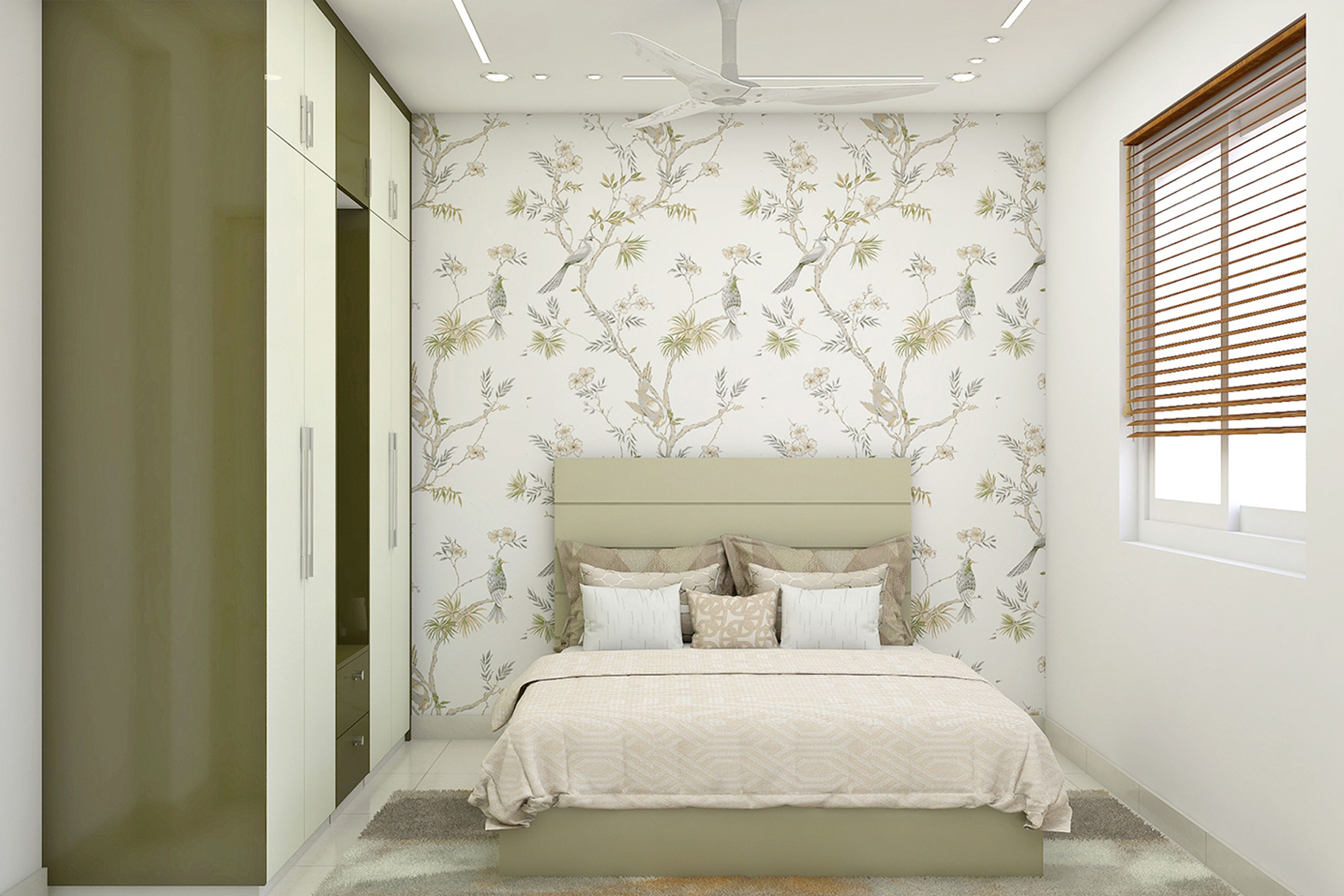 Modern Guest Bedroom Design With White Floral Wallpaper