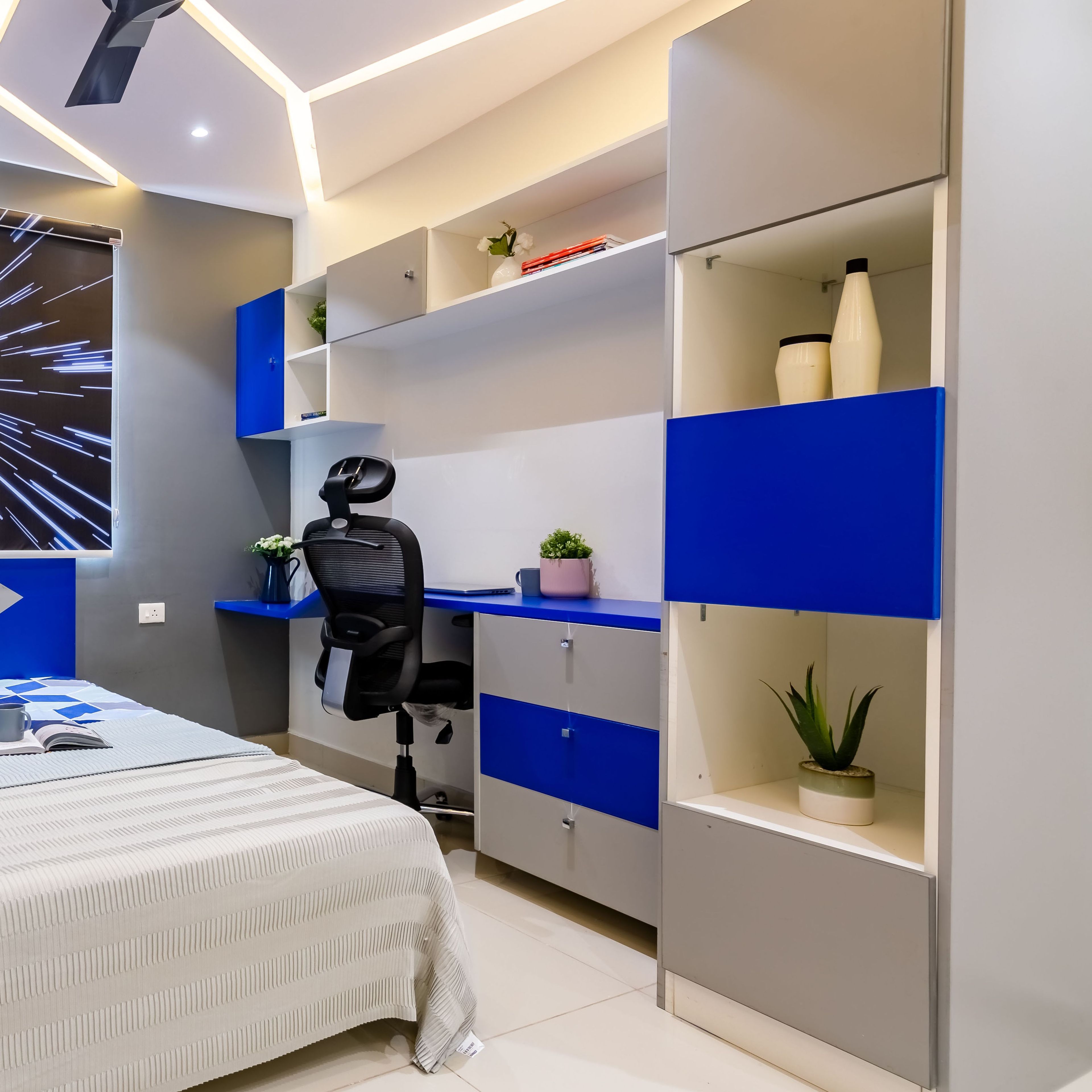 Modern Home Office Design With Tall Wall-Mounted Storage Units