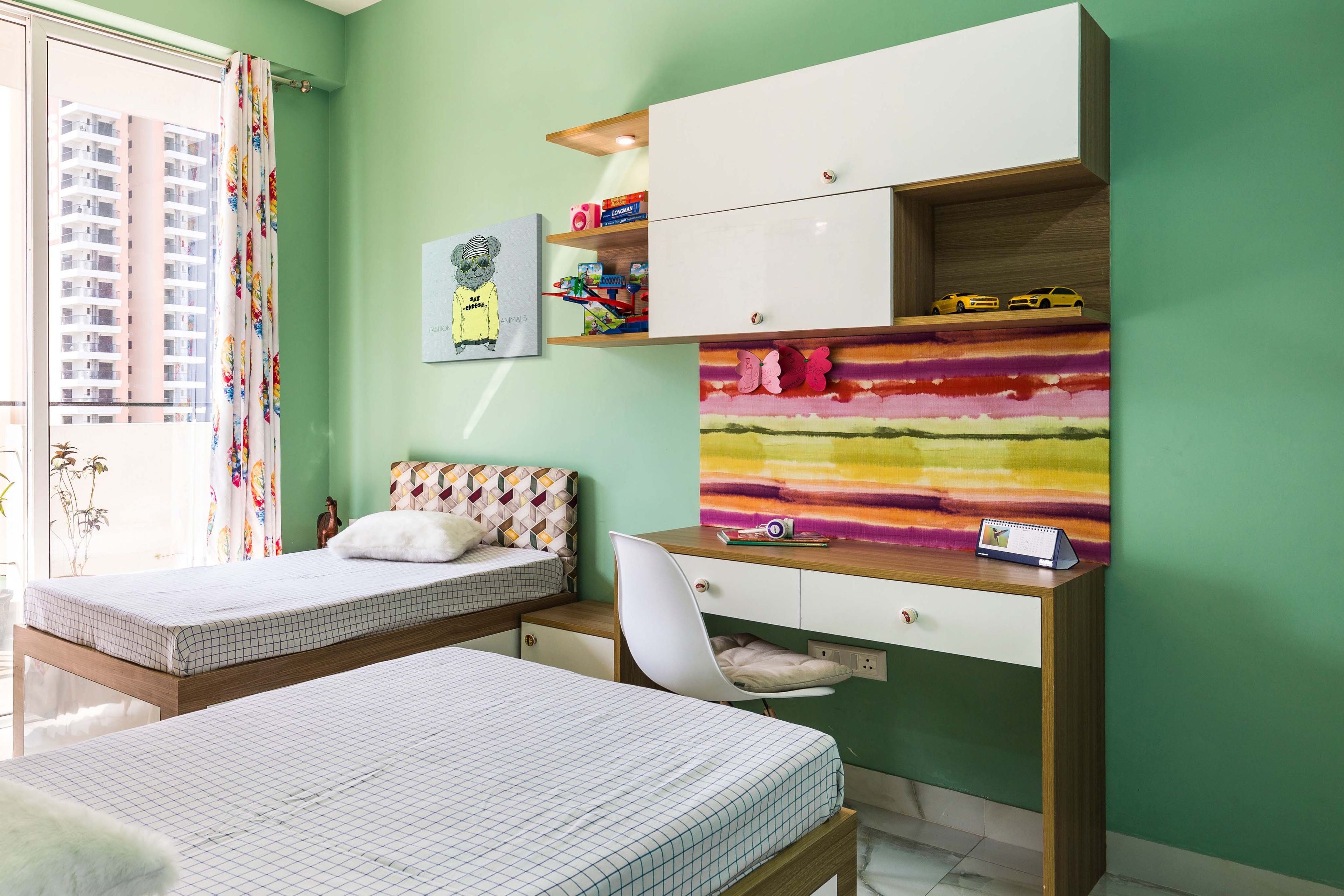 Modern Home Office Design With Overhead Flap-Up Storage Units