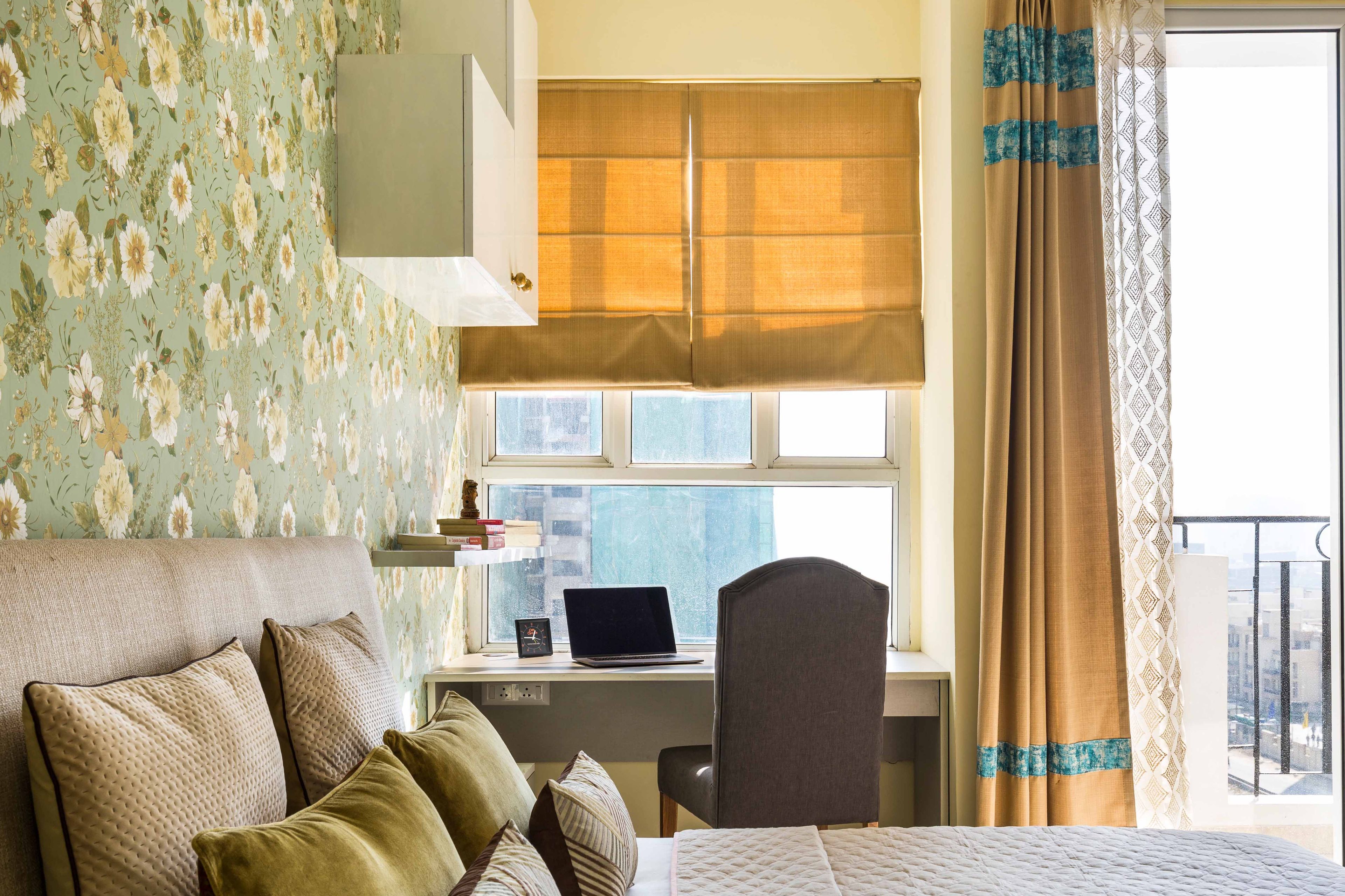 Contemporary Home Office Design With A Fabric Accent Chair