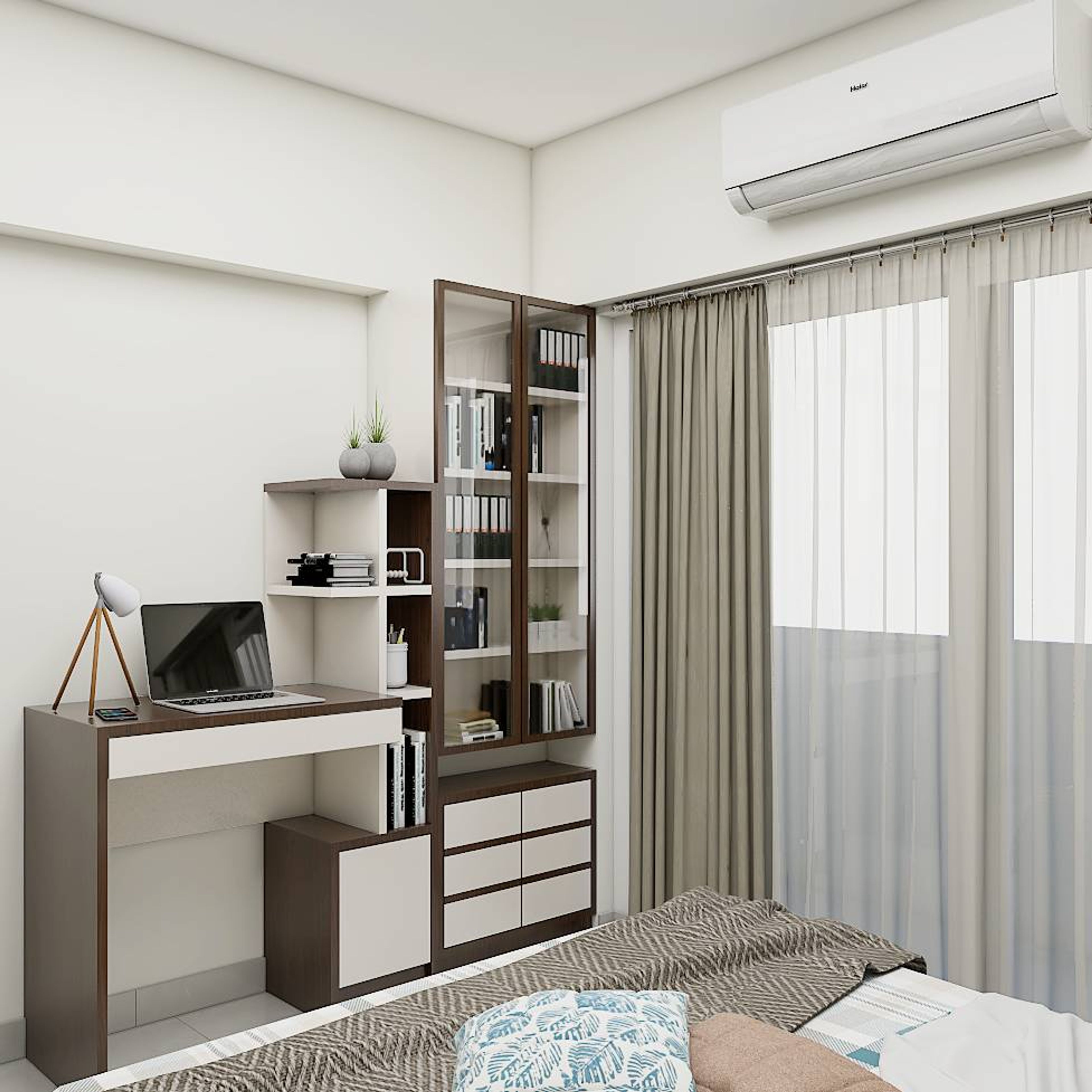 Contemporary Home Office Design With Open And Closed Shelves