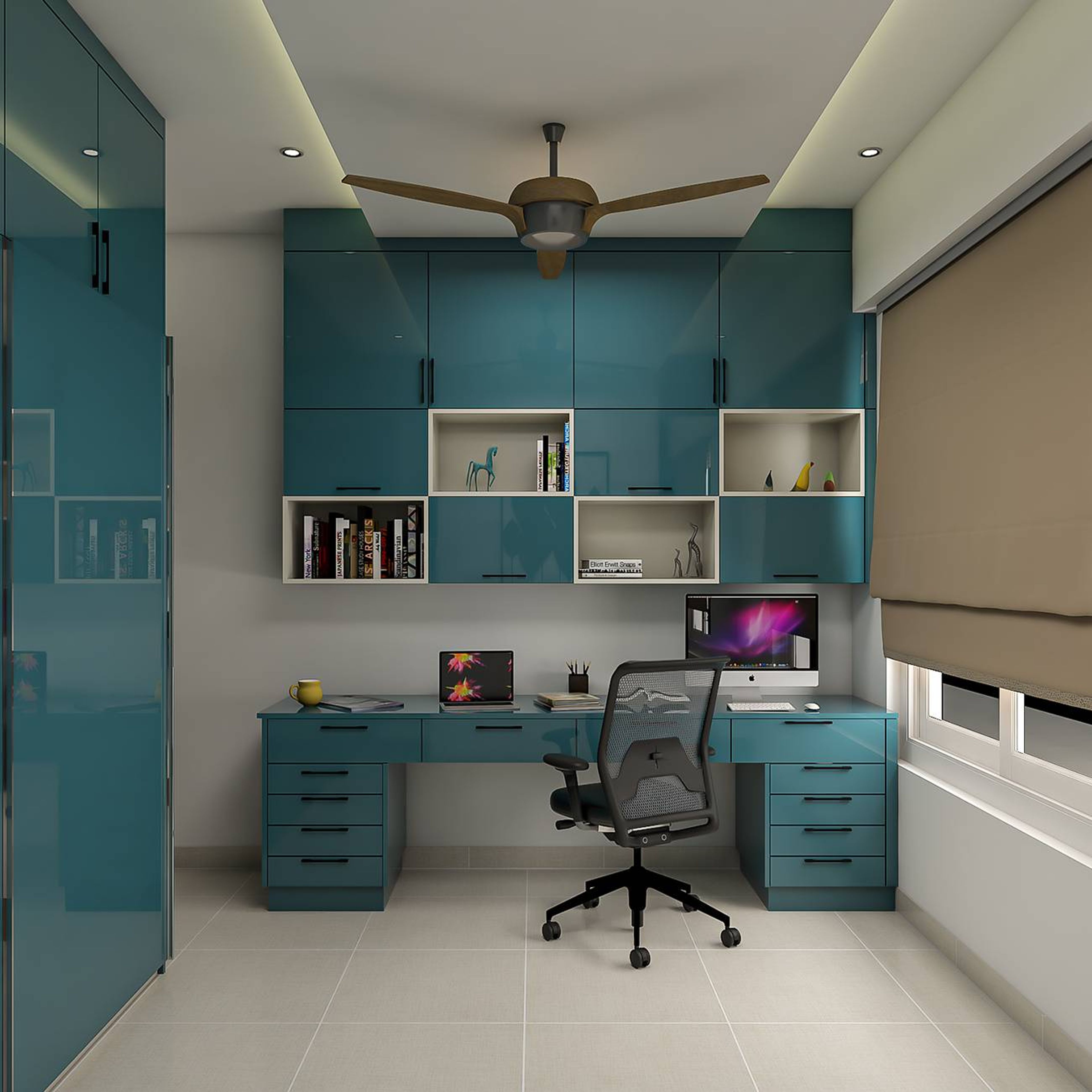 Contemporary Home Office Design With Glossy Teal Storage Units