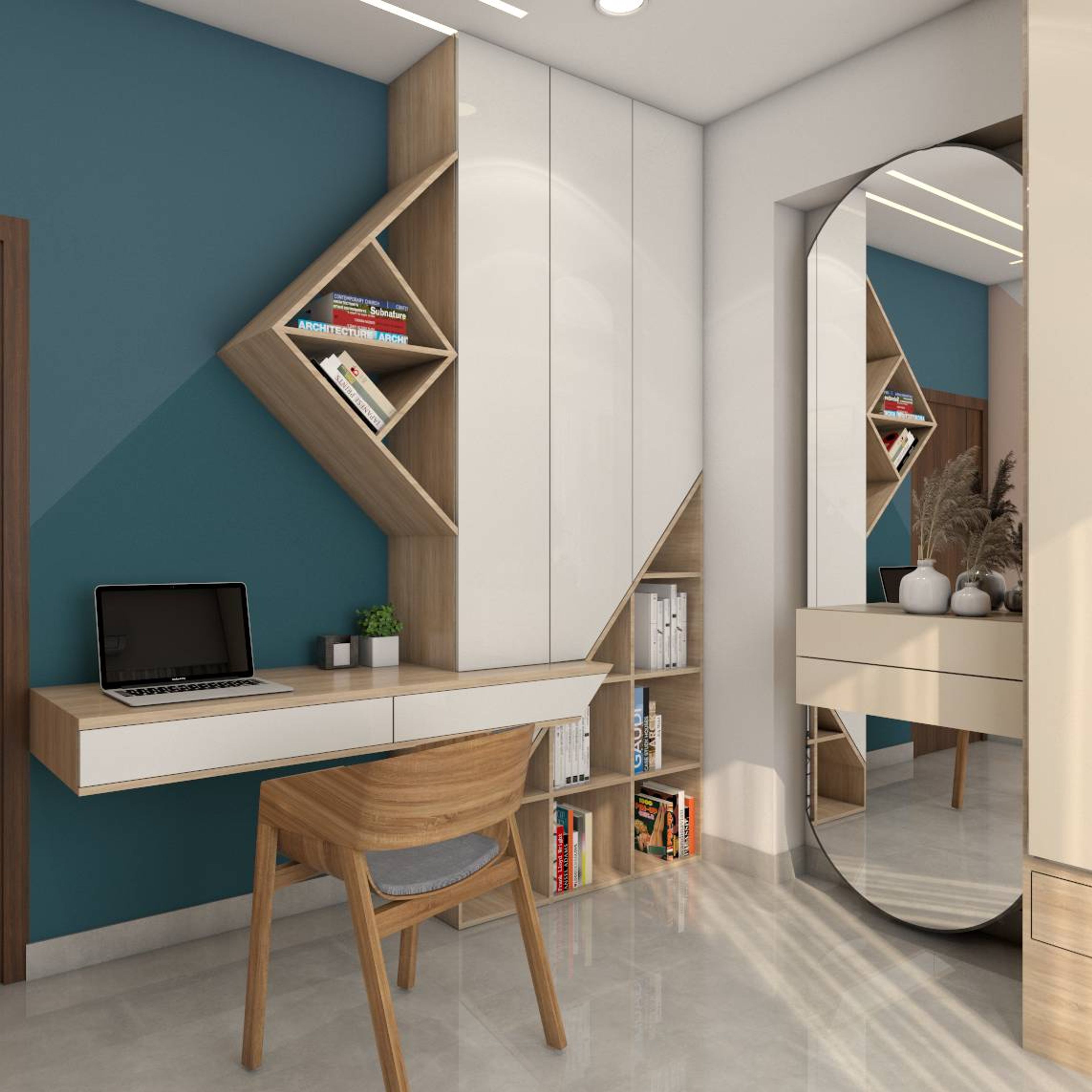 Contemporary Home Office Design With Wooden Shelves For Storage