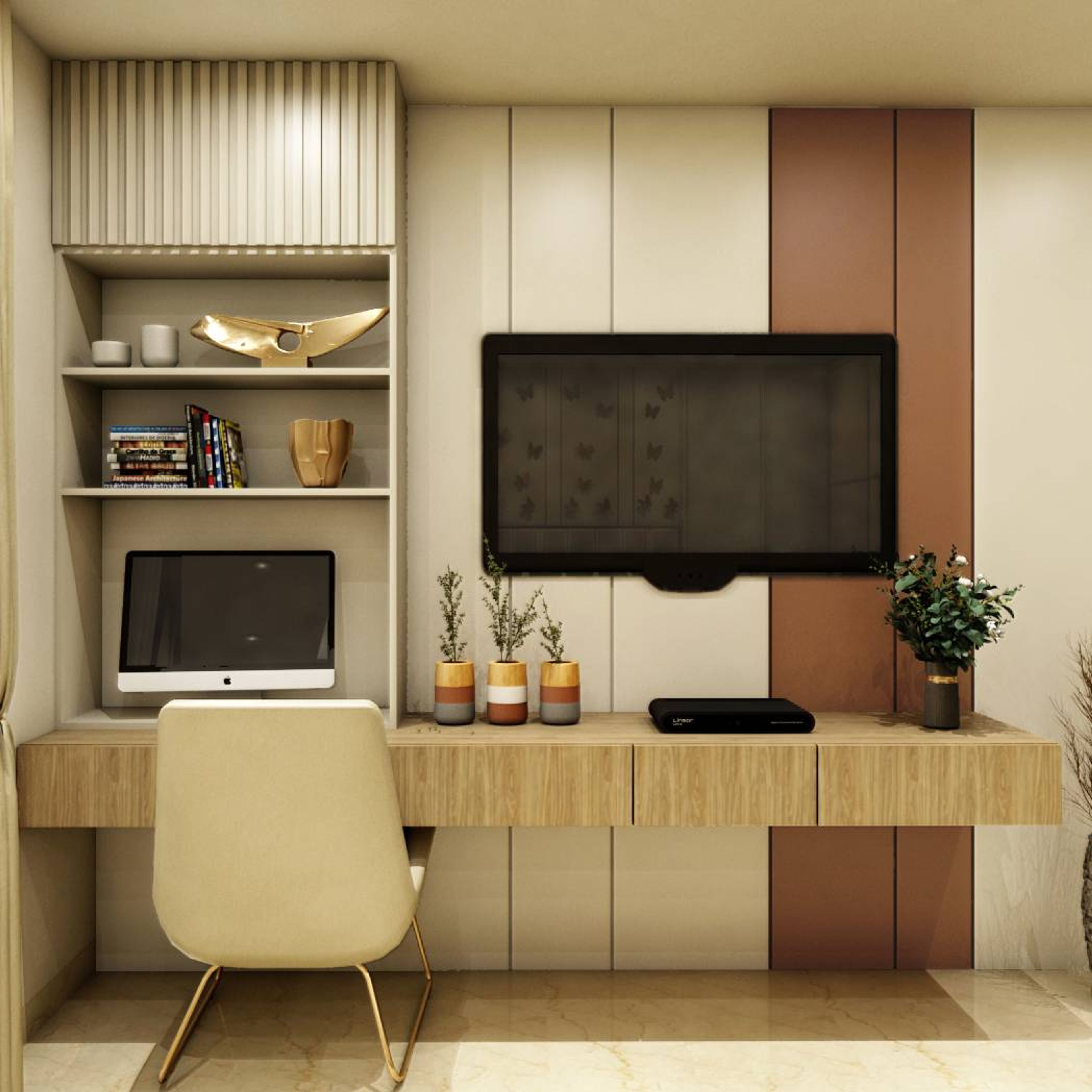 Contemporary Home Office Design With An Integrated TV Unit