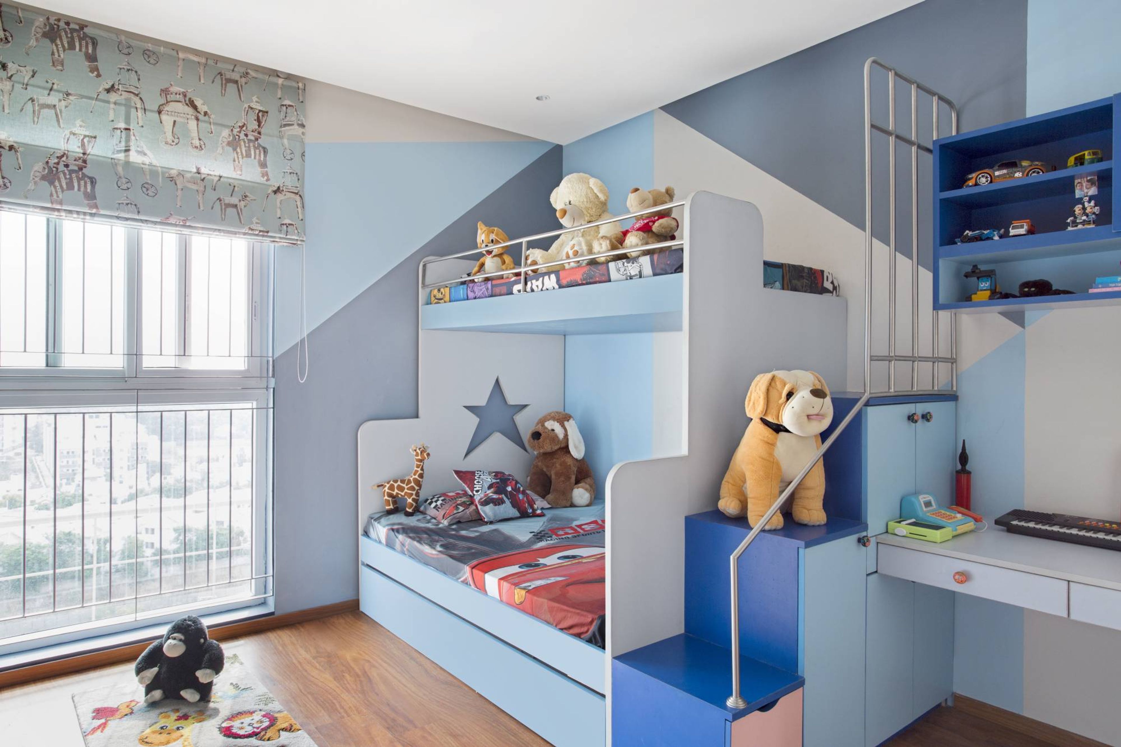 Modern Kids Room Design With Pale Blue And White Bunk Bed