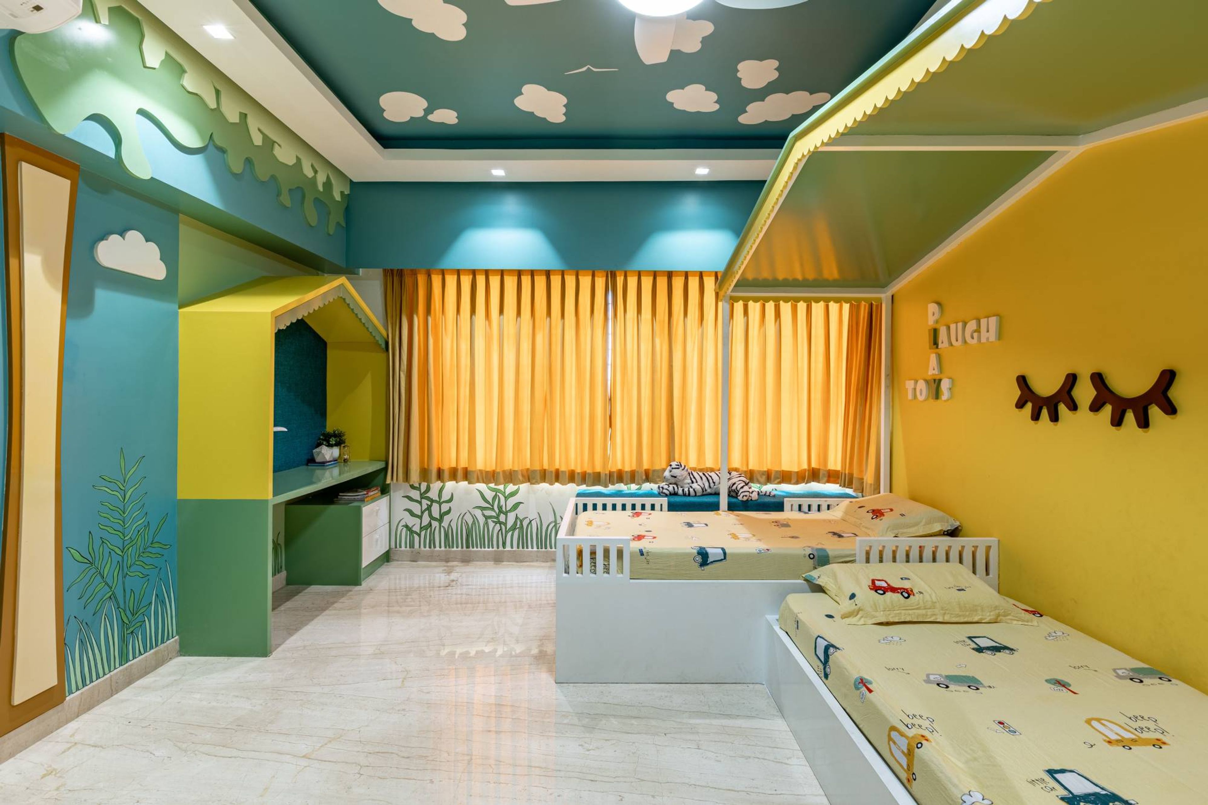 Modern Kids Bedroom Design With L-Shaped Twin Bed With Canopy