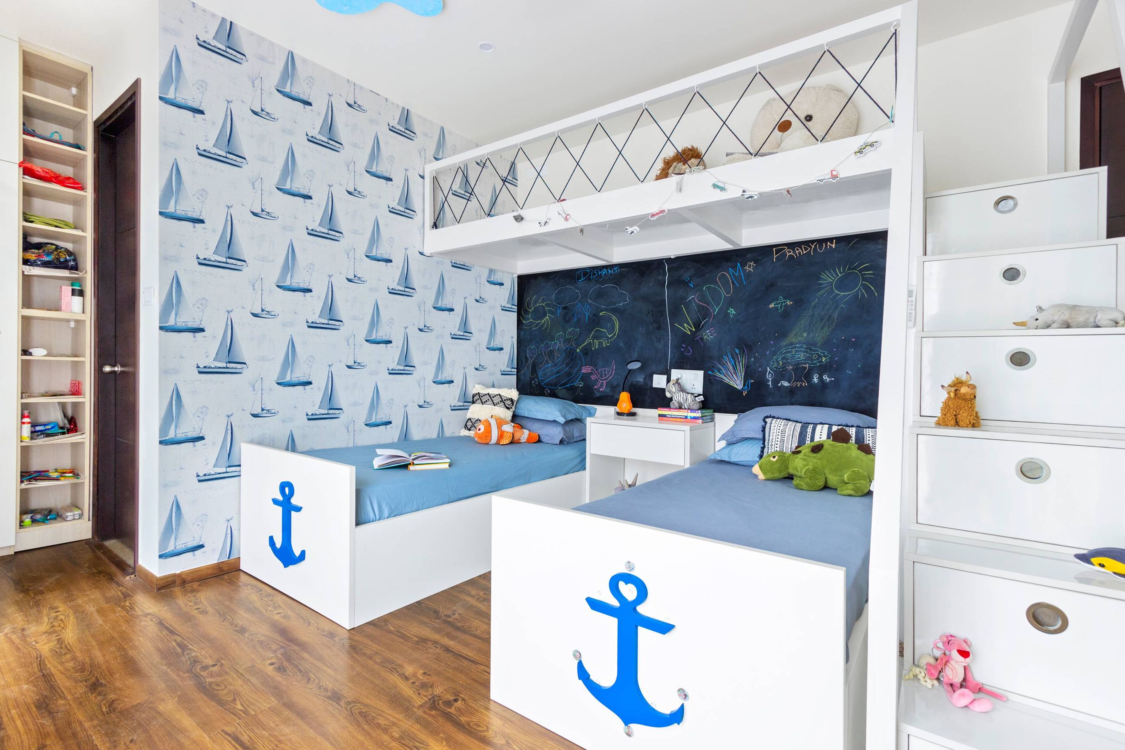 Modern Kids Bedroom Design With White And Blue Twin Beds