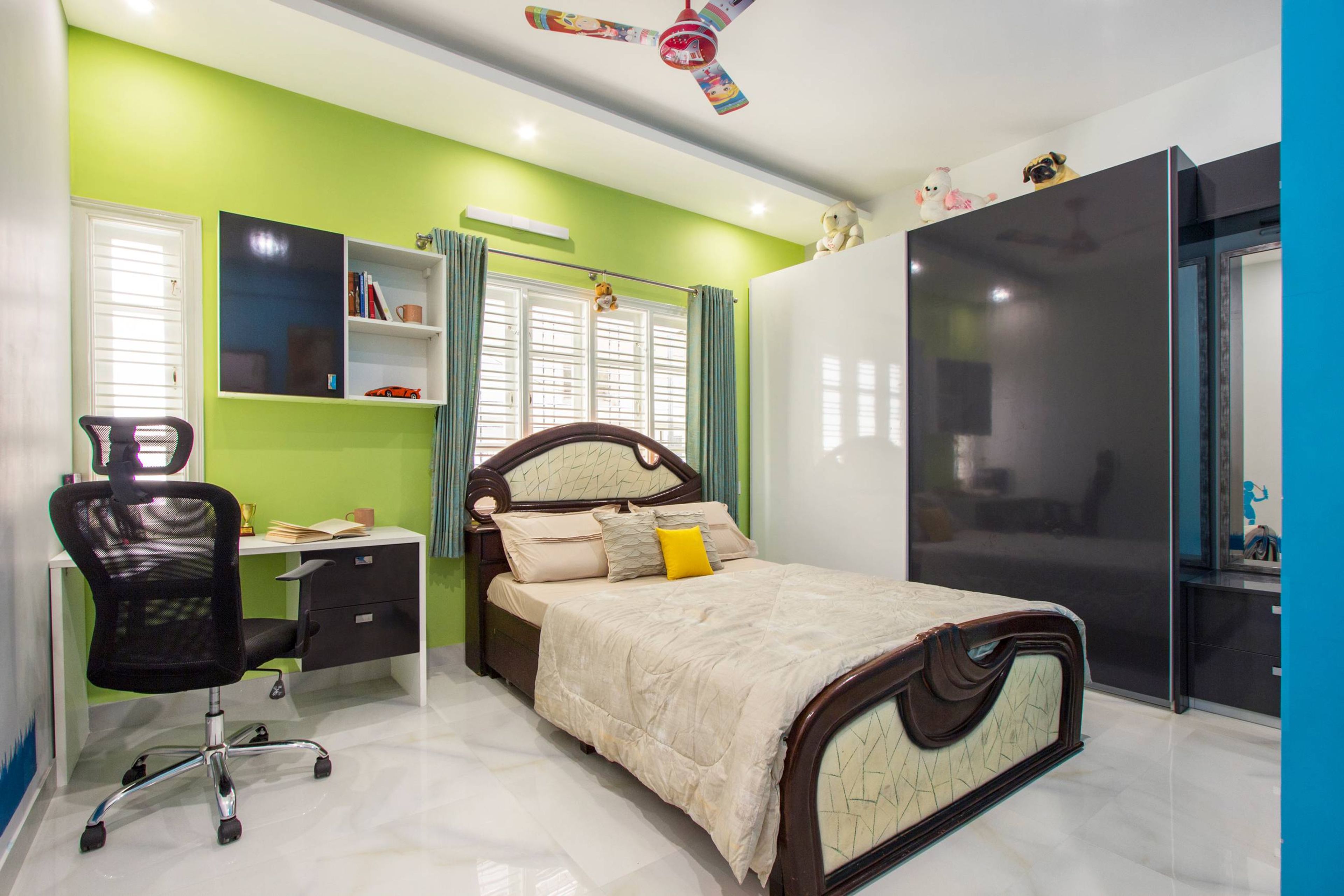 Modern Kids Room Design With Double Bed And A Study Unit